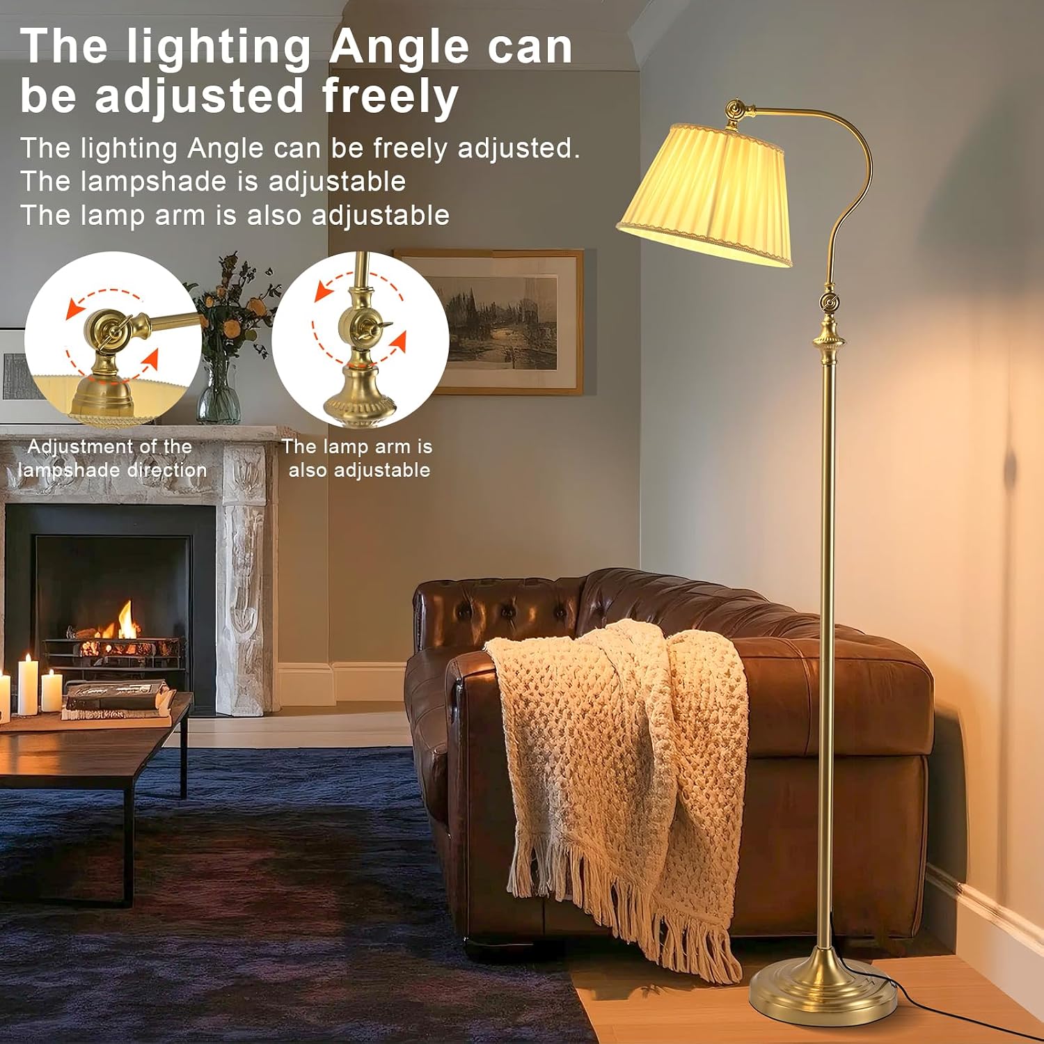 Gold Brass Floor Lamp with Fabric Shade,12W Smart Remote and Bluetooth Dimmable, Standing Lamps for Living Room Bedroom Farmhouse…