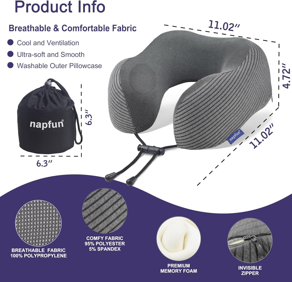 napfun Neck Pillow for Traveling, Upgraded Travel Neck Pillow for Airplane 100% Pure Memory Foam Travel Pillow for Flight Headrest Sleep…