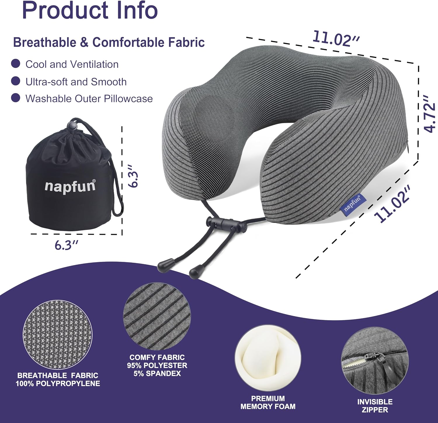 napfun Neck Pillow for Traveling, Upgraded Travel Neck Pillow for Airplane 100% Pure Memory Foam Travel Pillow for Flight Headrest Sleep…