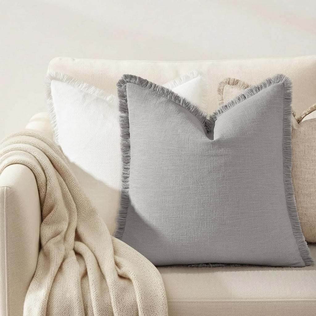 decorUhome Summer Decorative Neutral Linen Fringe Euro Sham Throw Pillow Covers Set of 2 Light Grey Pillow Covers with Tassels Soft Farmhou…