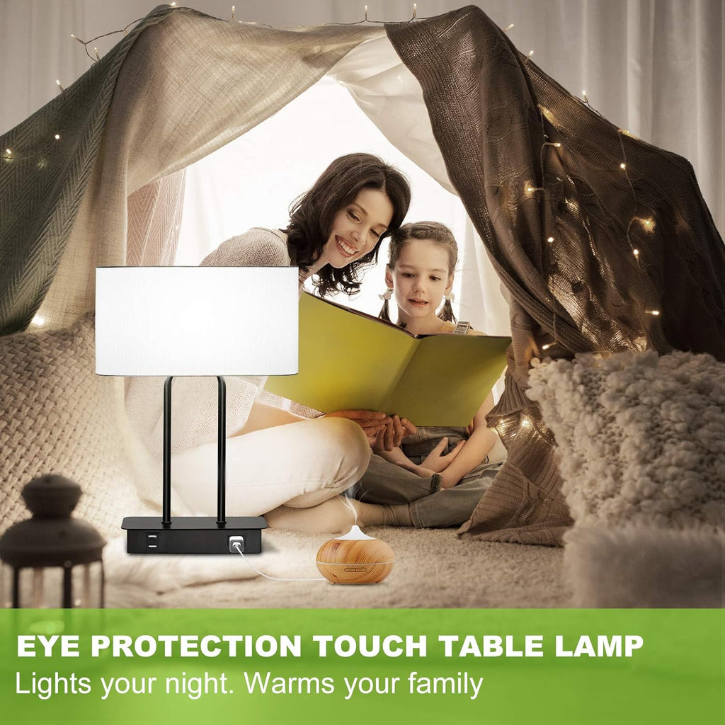 Bedside Touch Control Table Lamp with Dual USB Charging Ports 1 AC Outlet, 3 Way Dimmable Modern Nightstand Lamp with White Fabric Shade…
