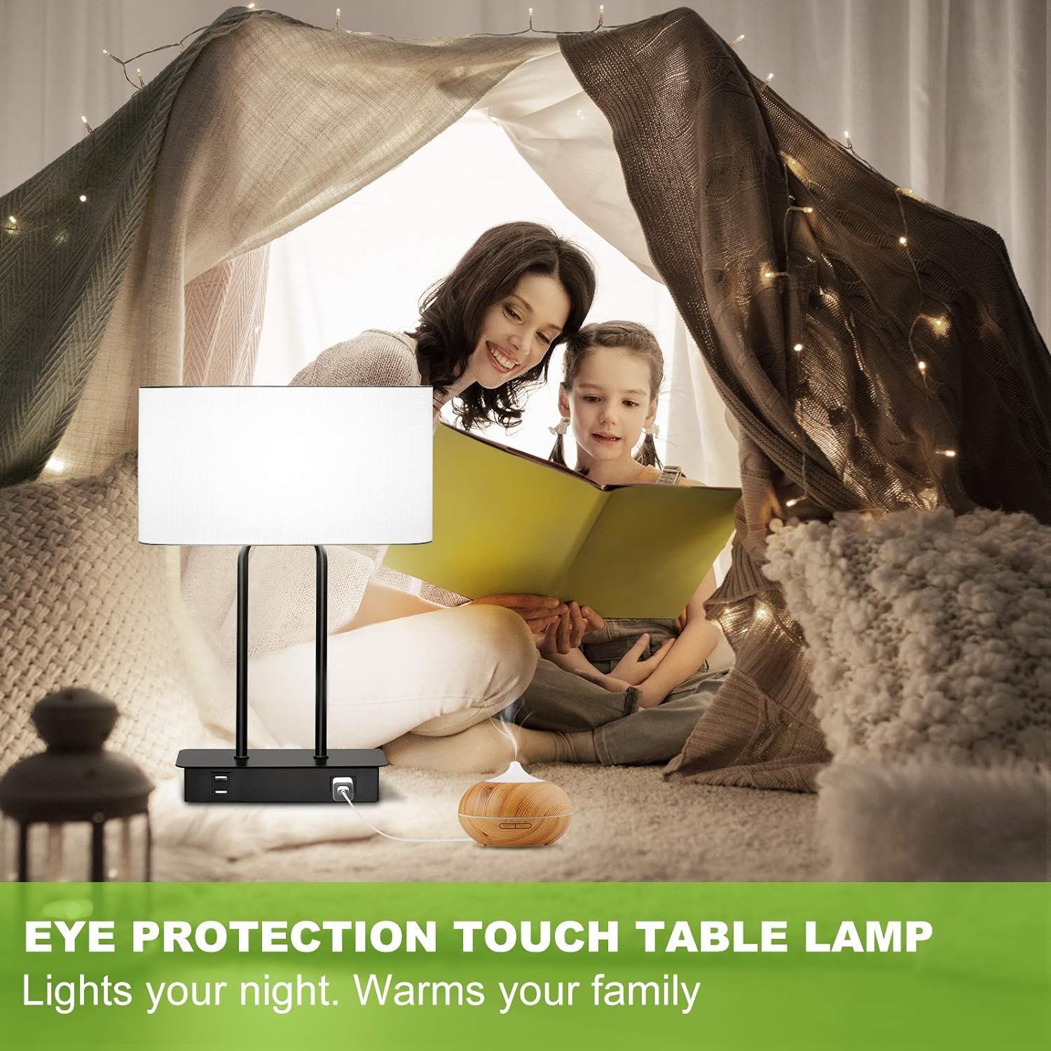 Bedside Touch Control Table Lamp with Dual USB Charging Ports 1 AC Outlet, 3 Way Dimmable Modern Nightstand Lamp with White Fabric Shade…