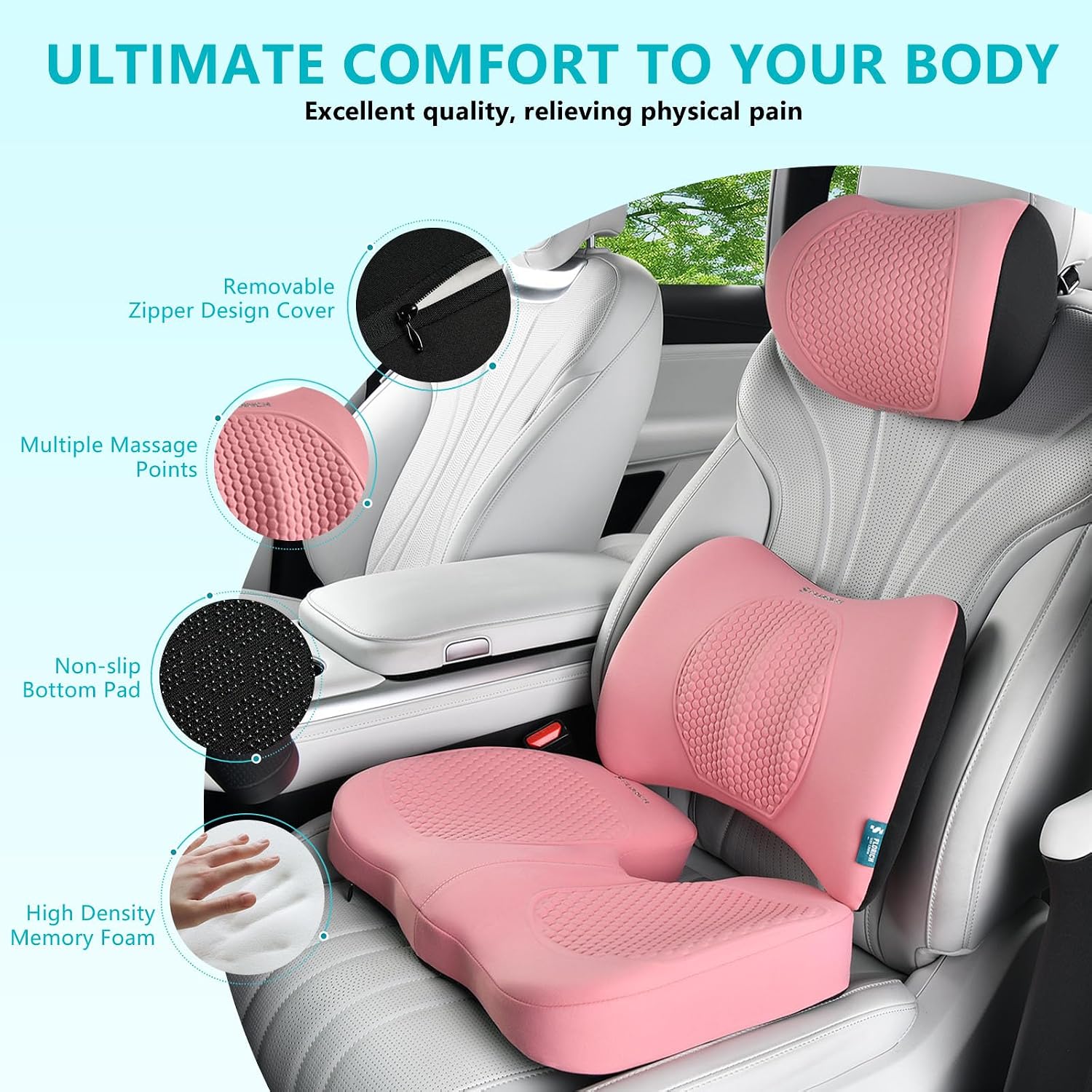 FLORICH 3 PCS Seat Cushion for Carseat Lumbar Support Pillow Car Neck Headrest Pillows Memory Foam Gel Memory Foam Massage Point Seat…