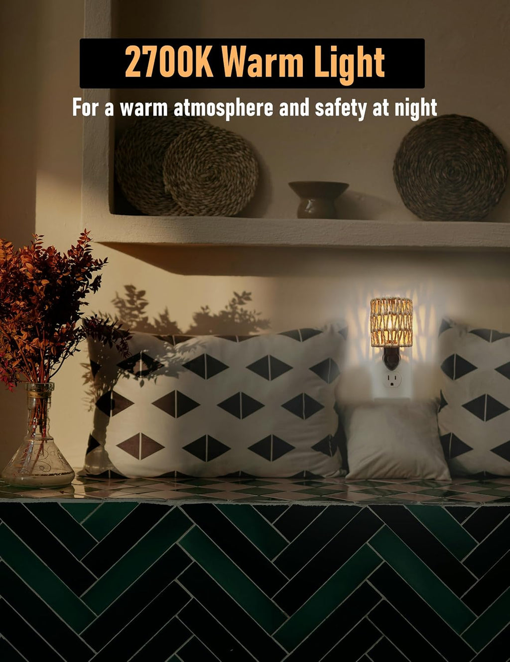Boho Plug in Night Light with Switch, 2-Pack Farmhouse LED Night Lights Plug into Wall Socket, 0.5W Baby Nursery Nightlight with Bohemian…