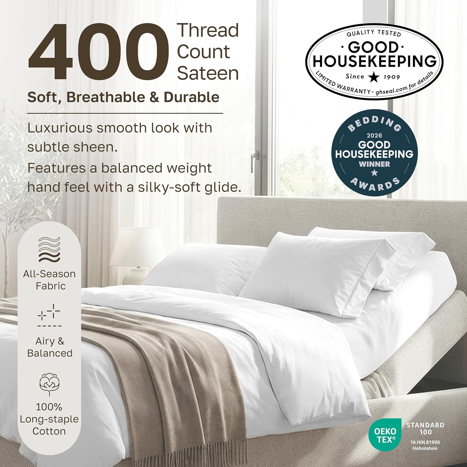 CaliforniaDesignDen California Design Den Soft 100% Cotton Split King Bed Sheets Set, 400 TC Good Housekeeping Award Winner, Smooth Sateen,…
