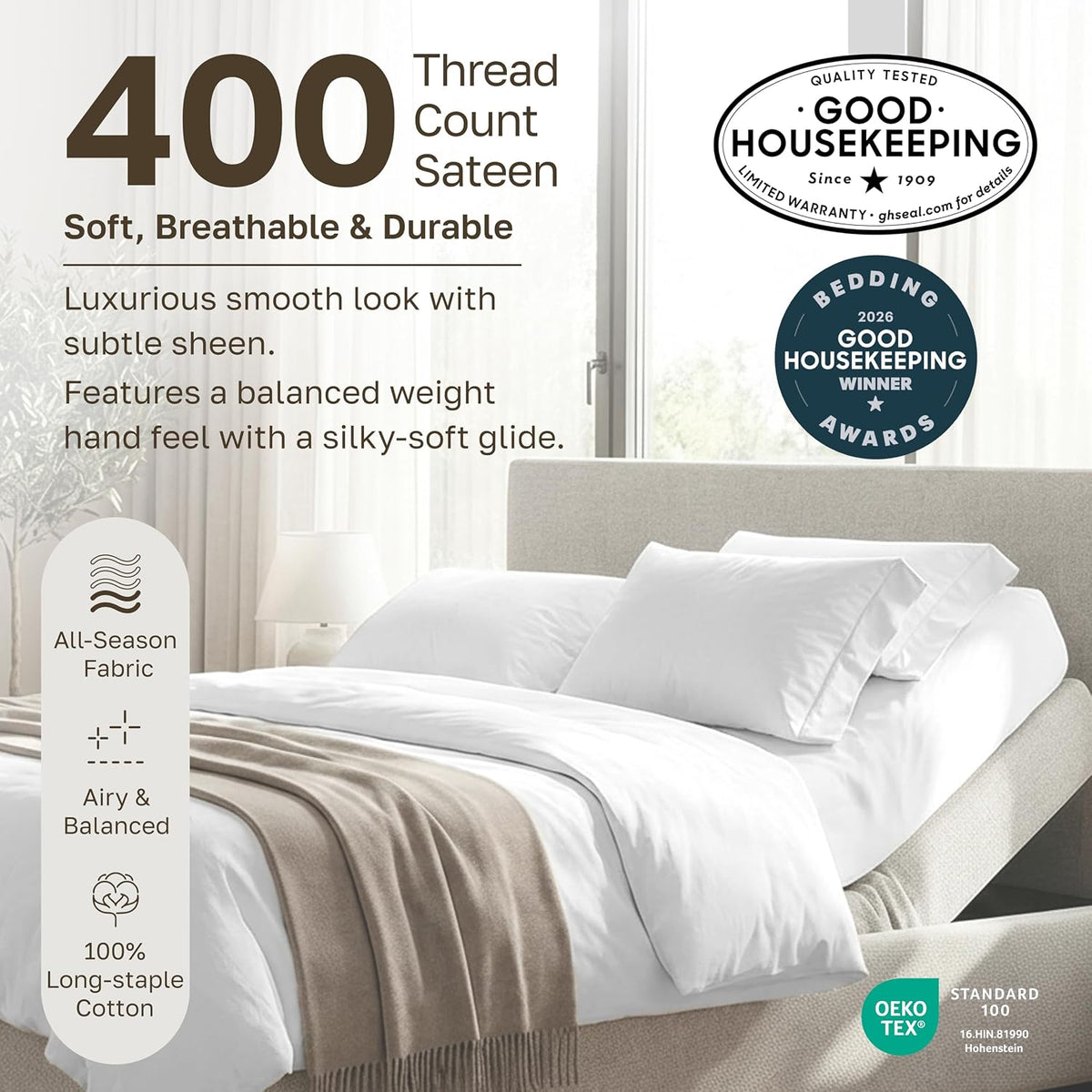 CaliforniaDesignDen California Design Den Soft 100% Cotton Split King Sheet Set, 400 TC Good Housekeeping Award Winner, Silky Smooth Sateen…