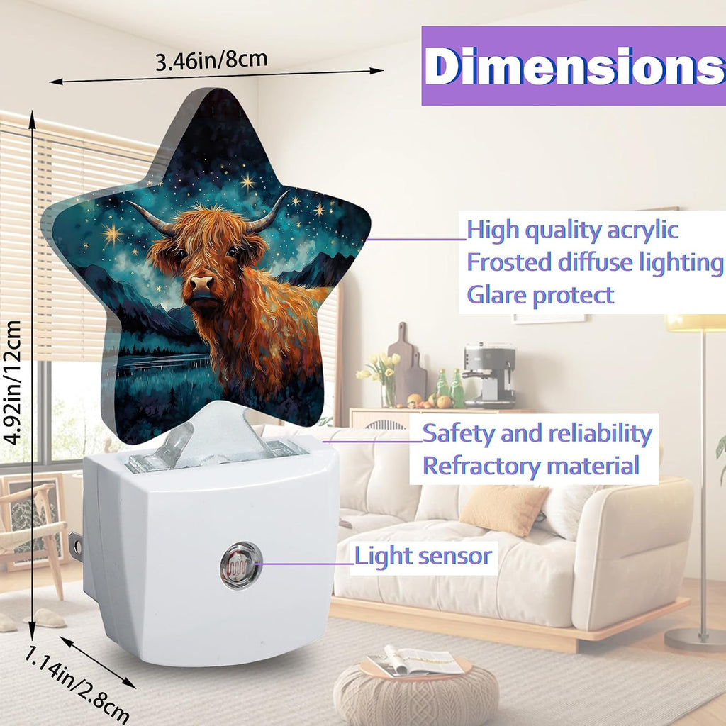 Highland Cow Night Light for Kids, Blue Starry Night Night Lights Plug Into Wall, Lightweight Dusk to Dawn Light Sensor Warm Nightlights…