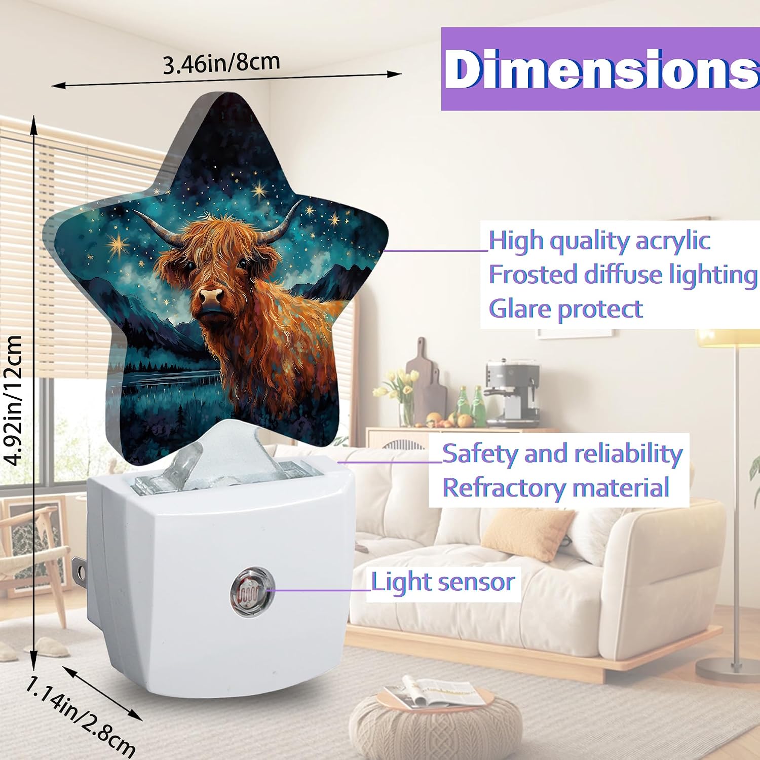 Highland Cow Night Light for Kids, Blue Starry Night Night Lights Plug Into Wall, Lightweight Dusk to Dawn Light Sensor Warm Nightlights…