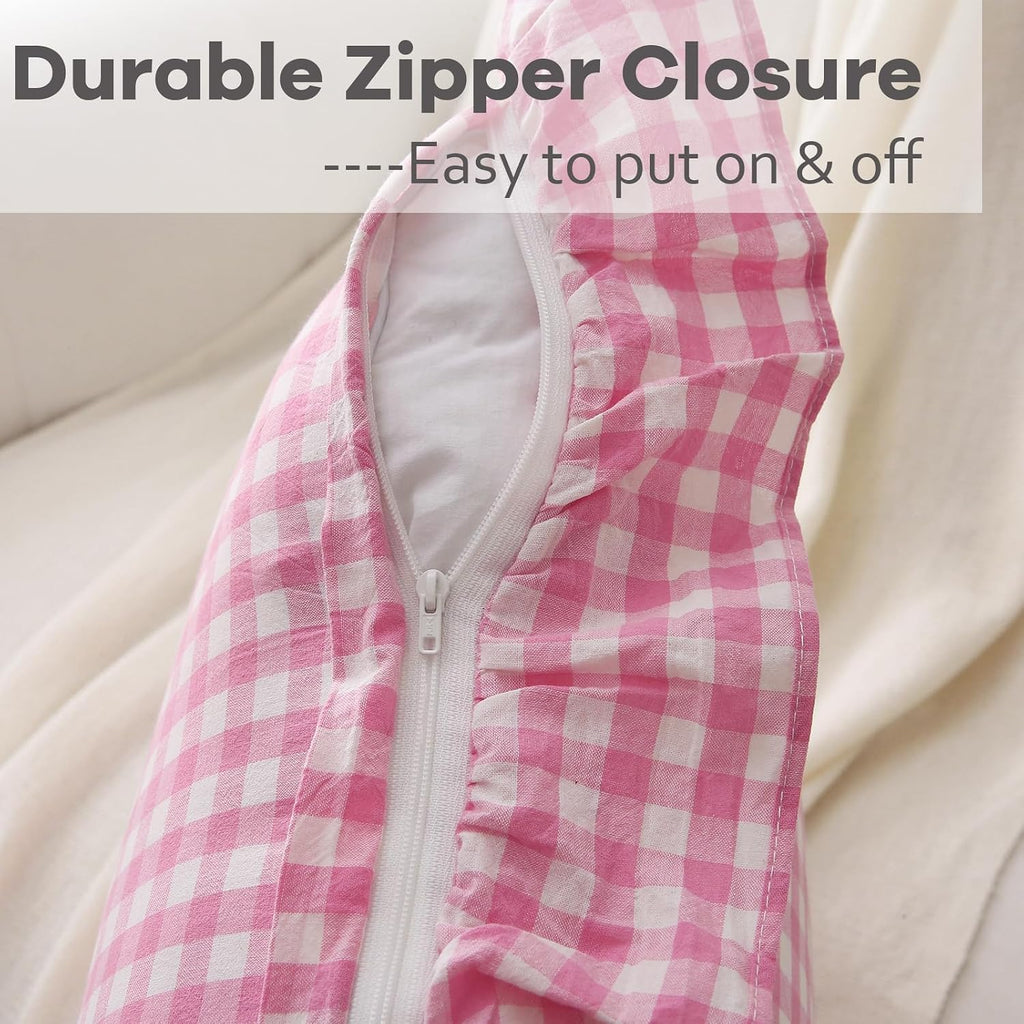 Kmasaniji 2 Pack Pink White Plaid Ruffle Gingham Throw Pillow Covers, 100% Washed Cotton Buffalo Checkered Farmhouse Pillow Shams - 18‘’x18…