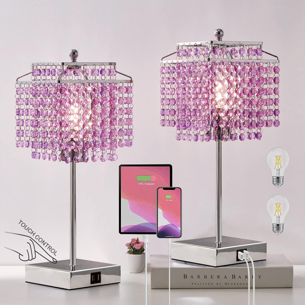 Luvkczc Purple Bedside Crystal Table Lamp Set of 2, Touch Control Lamps, Dimmable Lamp with Crystal Shade for Bedroom, Girl Living Room…