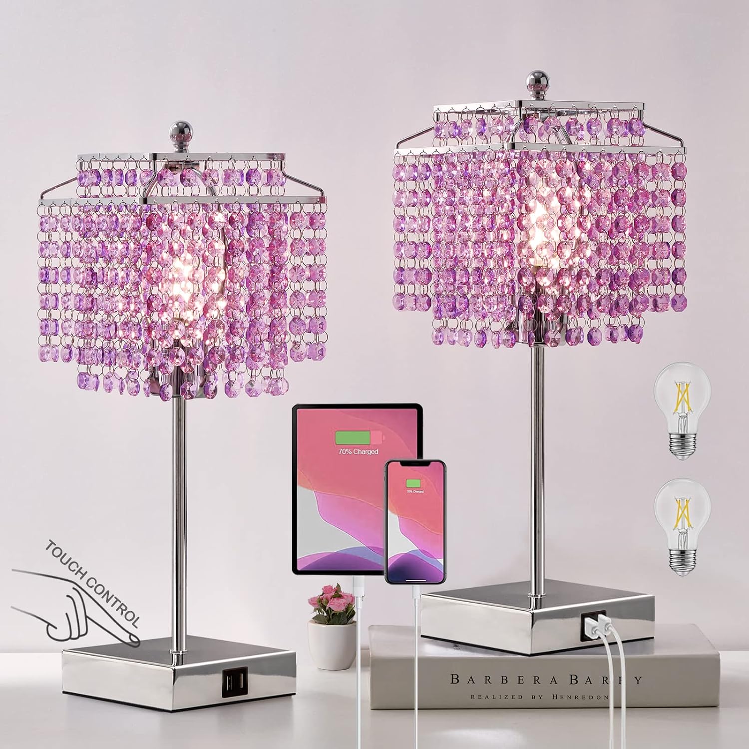 Luvkczc Purple Bedside Crystal Table Lamp Set of 2, Touch Control Lamps, Dimmable Lamp with Crystal Shade for Bedroom, Girl Living Room…