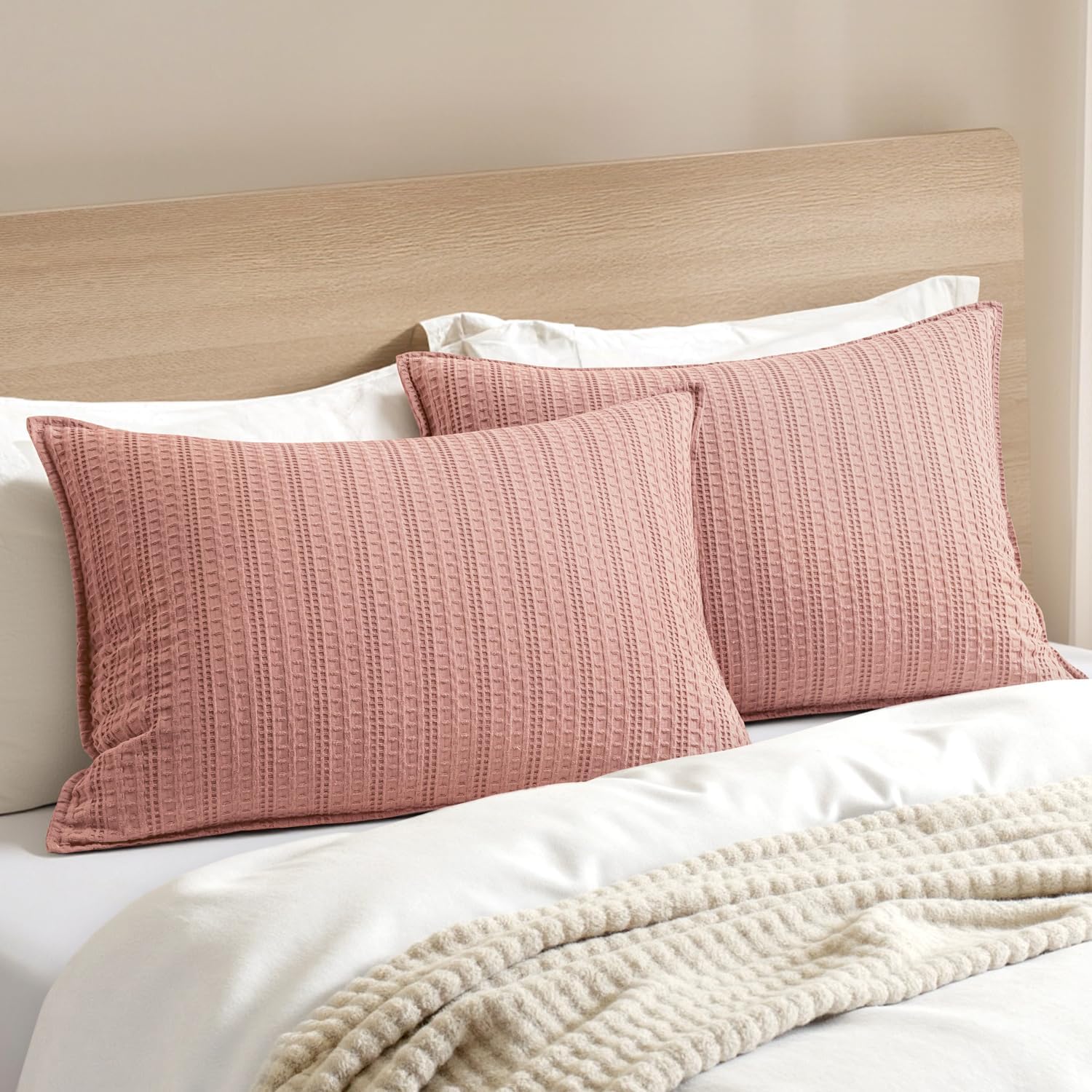 100% Cotton Waffle Pillow Shams Standard Size, 2 Pack 20x26 Decorative Pillow Covers for Bed Couch Sofa, Neutral Weave Cushion Cases…