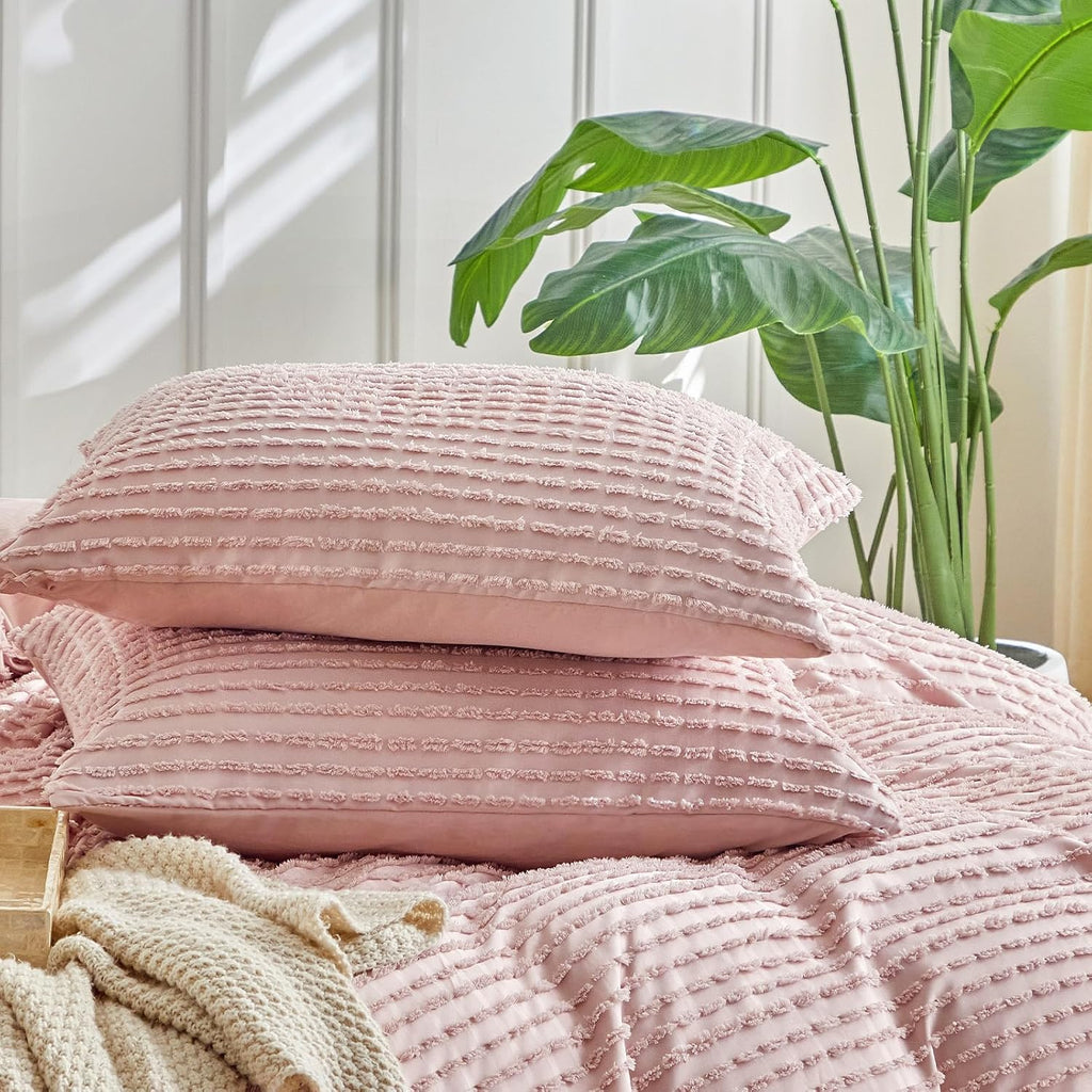 Warmdern Pink Pillow Covers King Pillow Cases Soft Microfiber Pillow Cases Set of 2 Boho Textured Pillowcase with Envelope Closure(Pink, Ki…