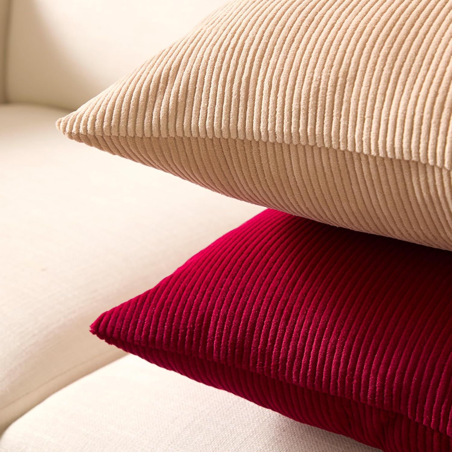 EncasaXO Encasa XO Corduroy Throw Pillows Covers 24"x24", Set of 2 Soft Textured Striped Boho Pillow Covers | Decorative and Cozy Cushion C…