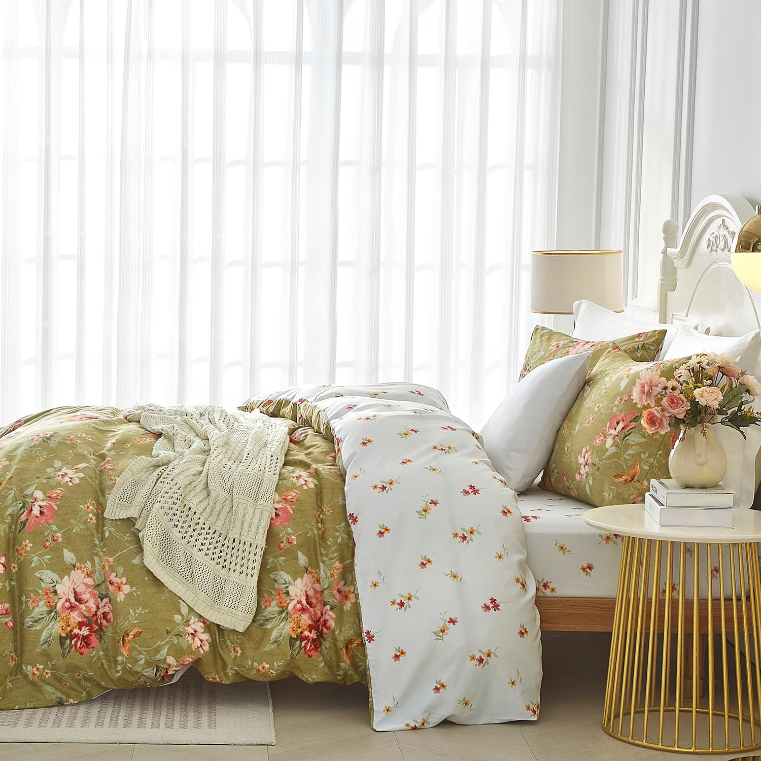 mixinni Duvet Cover King Size, Long Staple Cotton Reversible Green Floral Duvet Cover Set with Zipper Ties, 3 Pieces Botanical Pink Flowers…