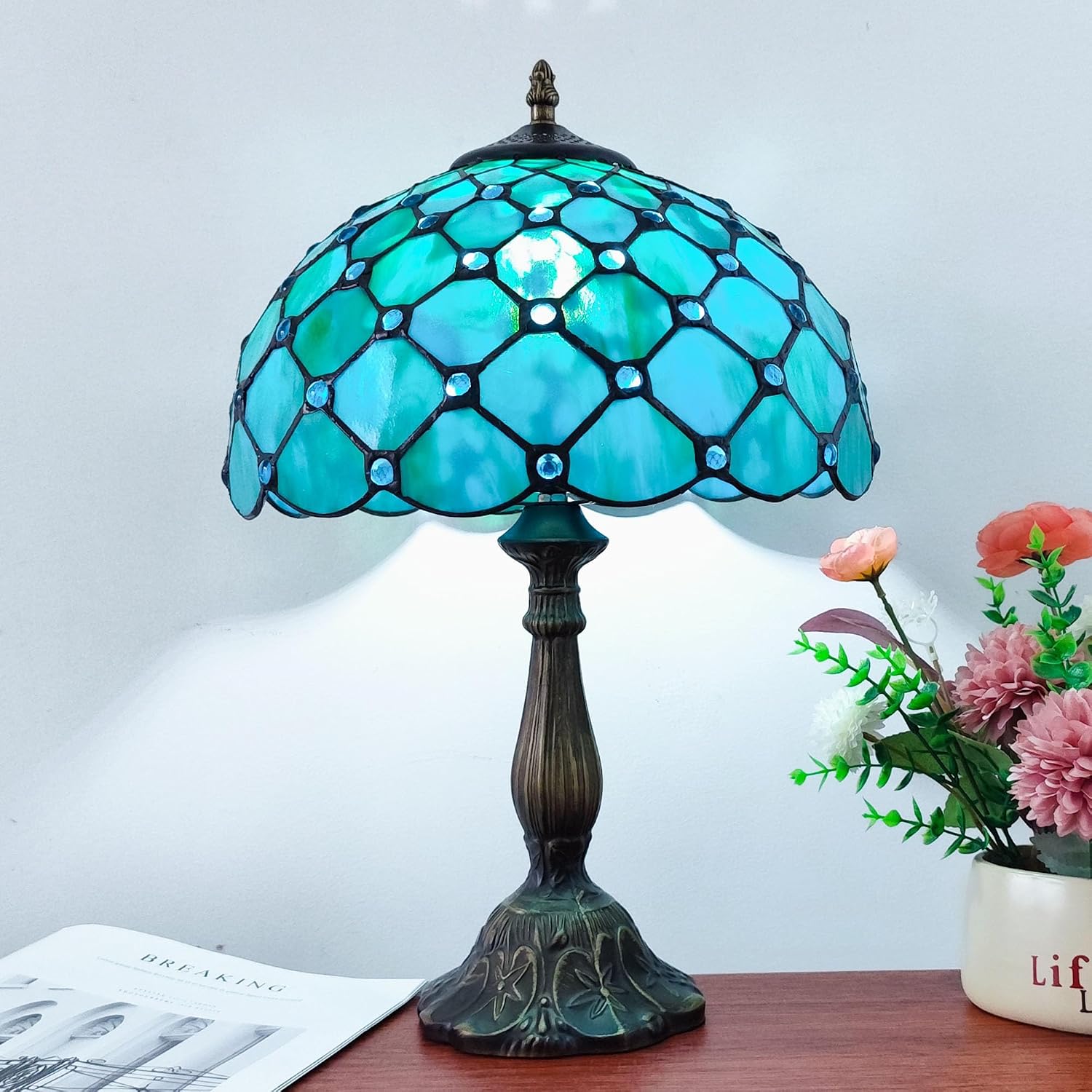 Tiffany Lamp Stained Glass Table Lamp Antique Bedside Desk Reading Light 3-Way Color LED Living Room Nightstand Light 12X12X19 Inches…
