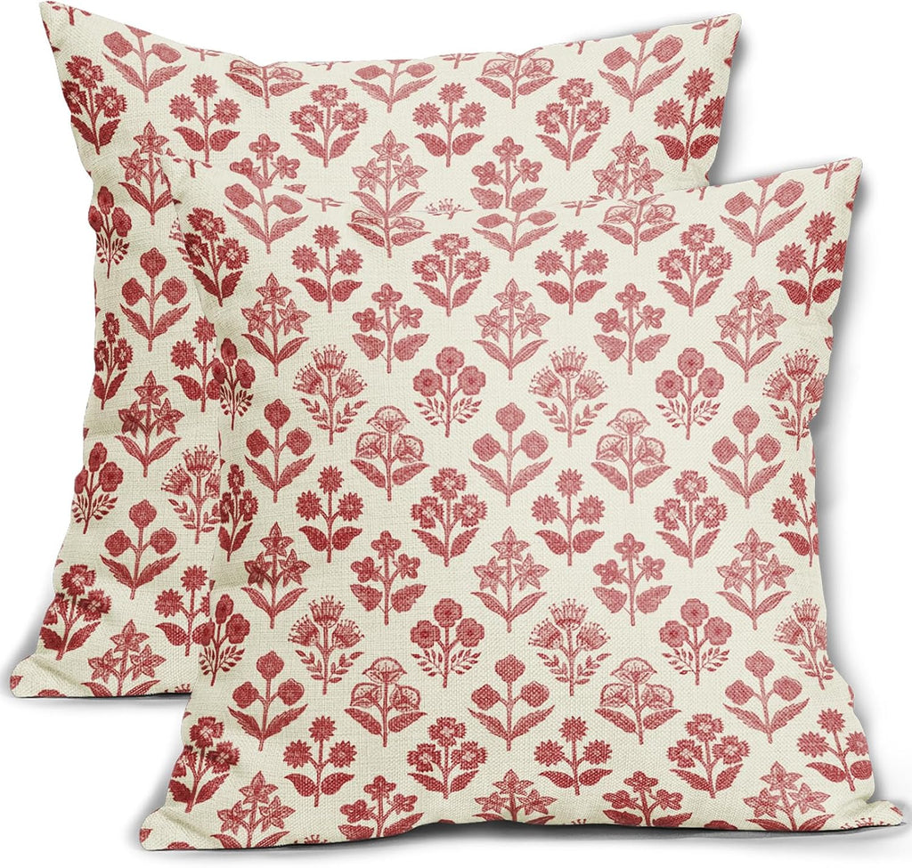 Red Floral Pillow Covers 24x24 Inch Set of 2, Vintage Flower Block Print Pattern Decorative Throw Pillowcases Outdoor Farmhouse Cushion…