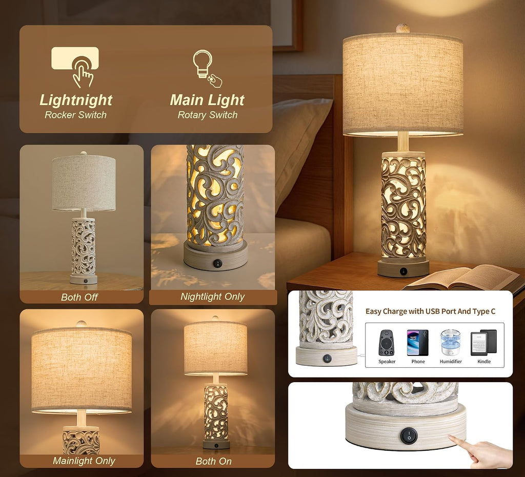 OYEARS 22'' Farmhouse Table Lamp for Living Room, Bedside Lamp with 2 USB Ports for Bedroom, Rustic Nightstand Lamp with Linen Lampshade…