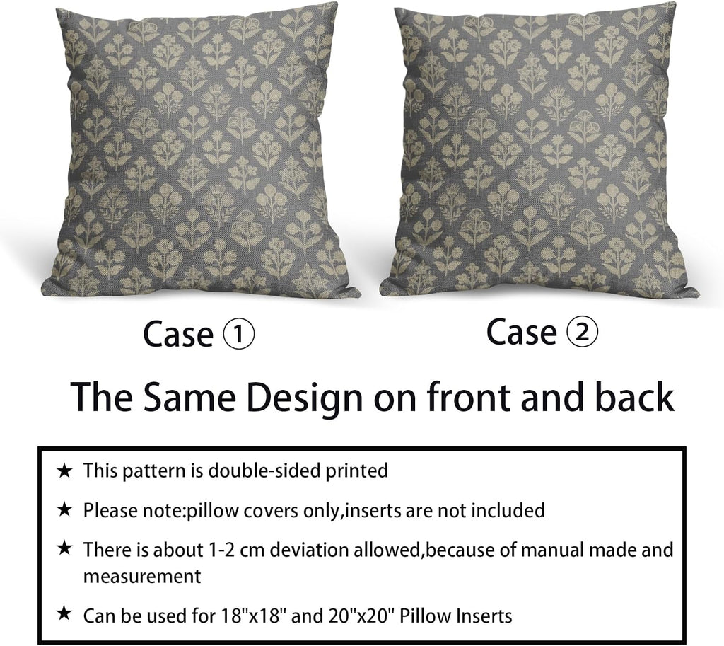 Grey Gray Floral Block Print Pillow Covers 20x20 Inch Set of 2, Vintage Flower Pattern Decorative Throw Pillowcases Outdoor Farmhouse…