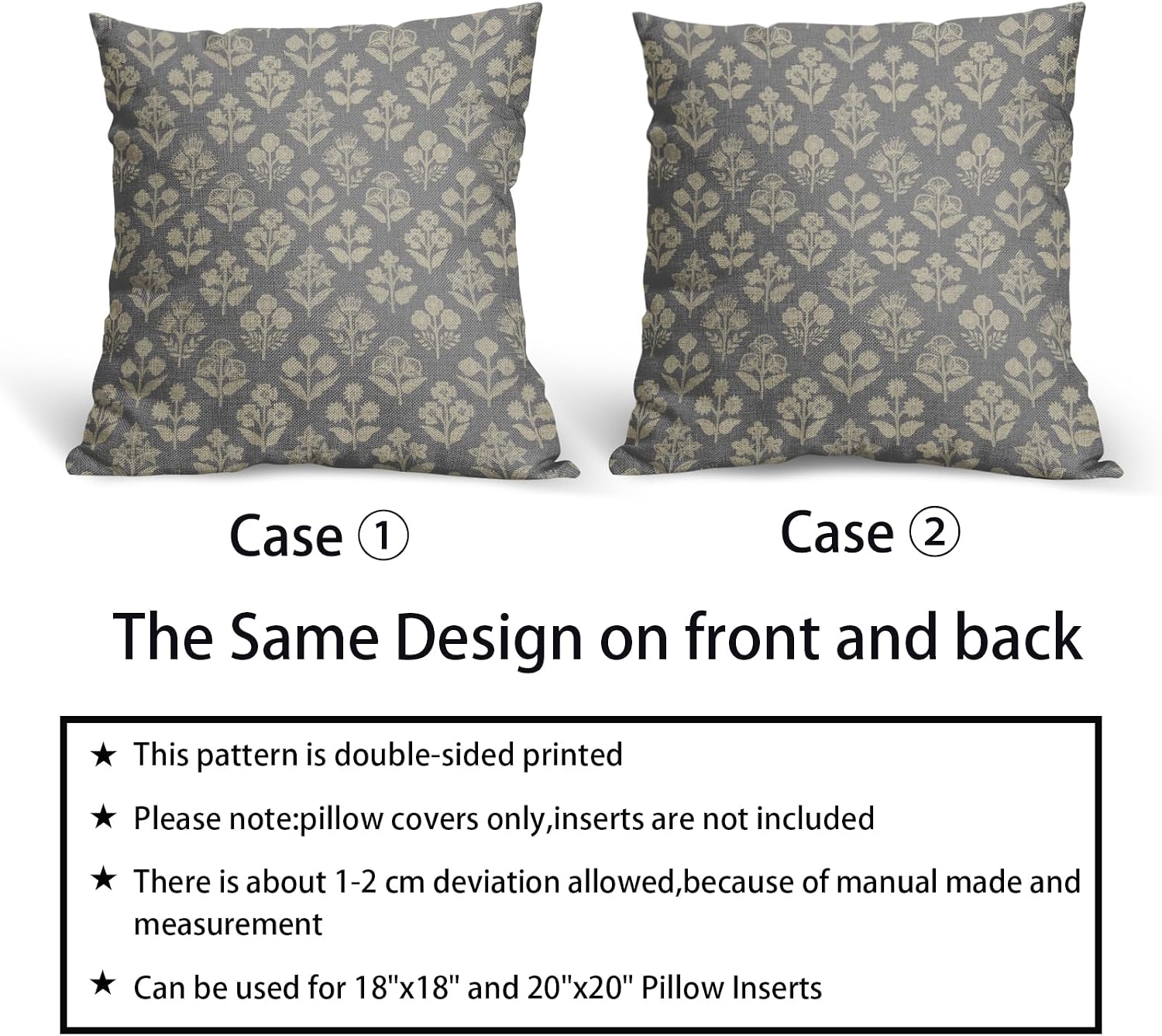 Grey Gray Floral Block Print Pillow Covers 20x20 Inch Set of 2, Vintage Flower Pattern Decorative Throw Pillowcases Outdoor Farmhouse…