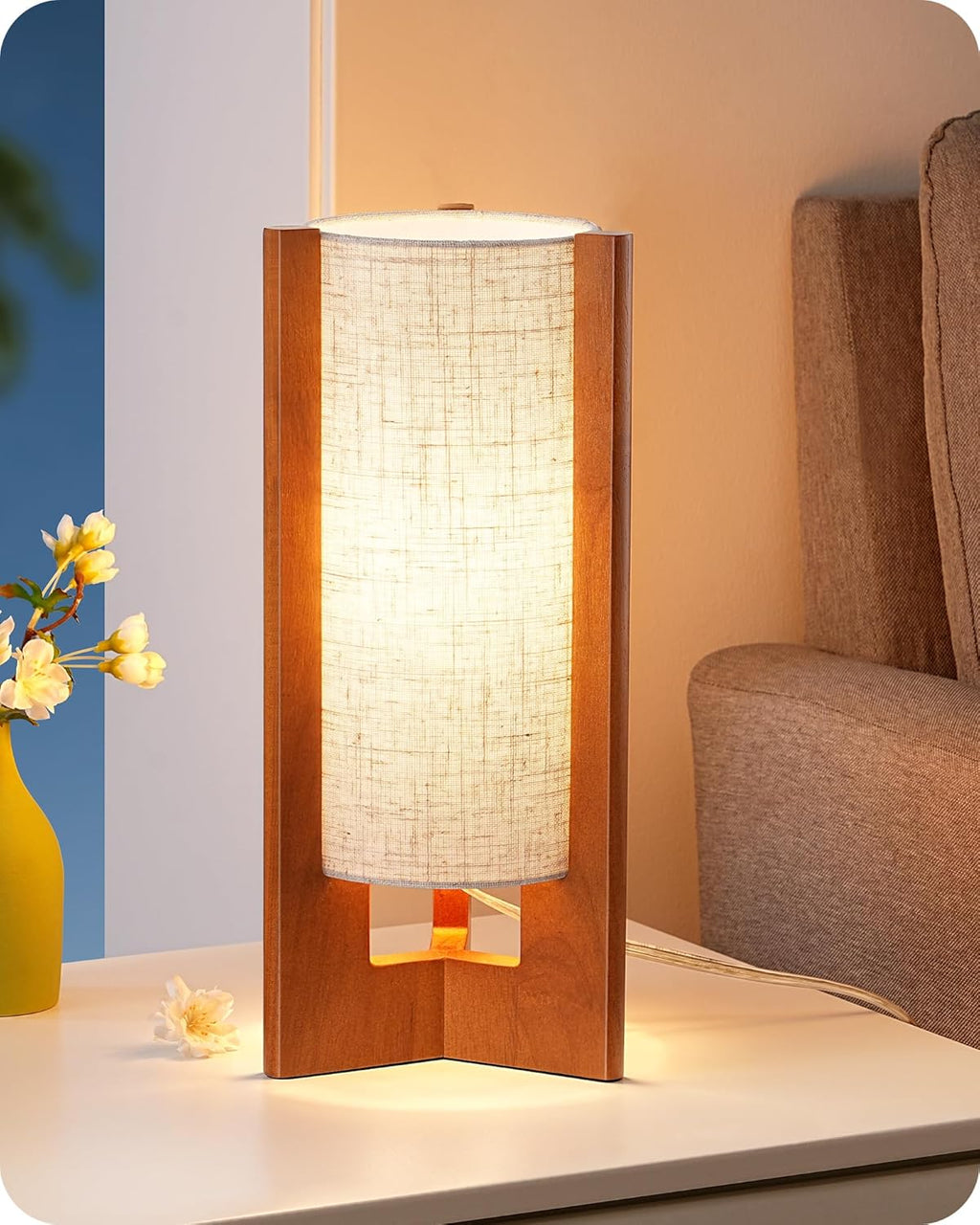 EDISHINE 13.5" Small Table Lamp, Walnut Wood Cylinder Nightstand Lamp for Bedroom, Beige Linen Shade, Corner Modern Bedside Lamp for…