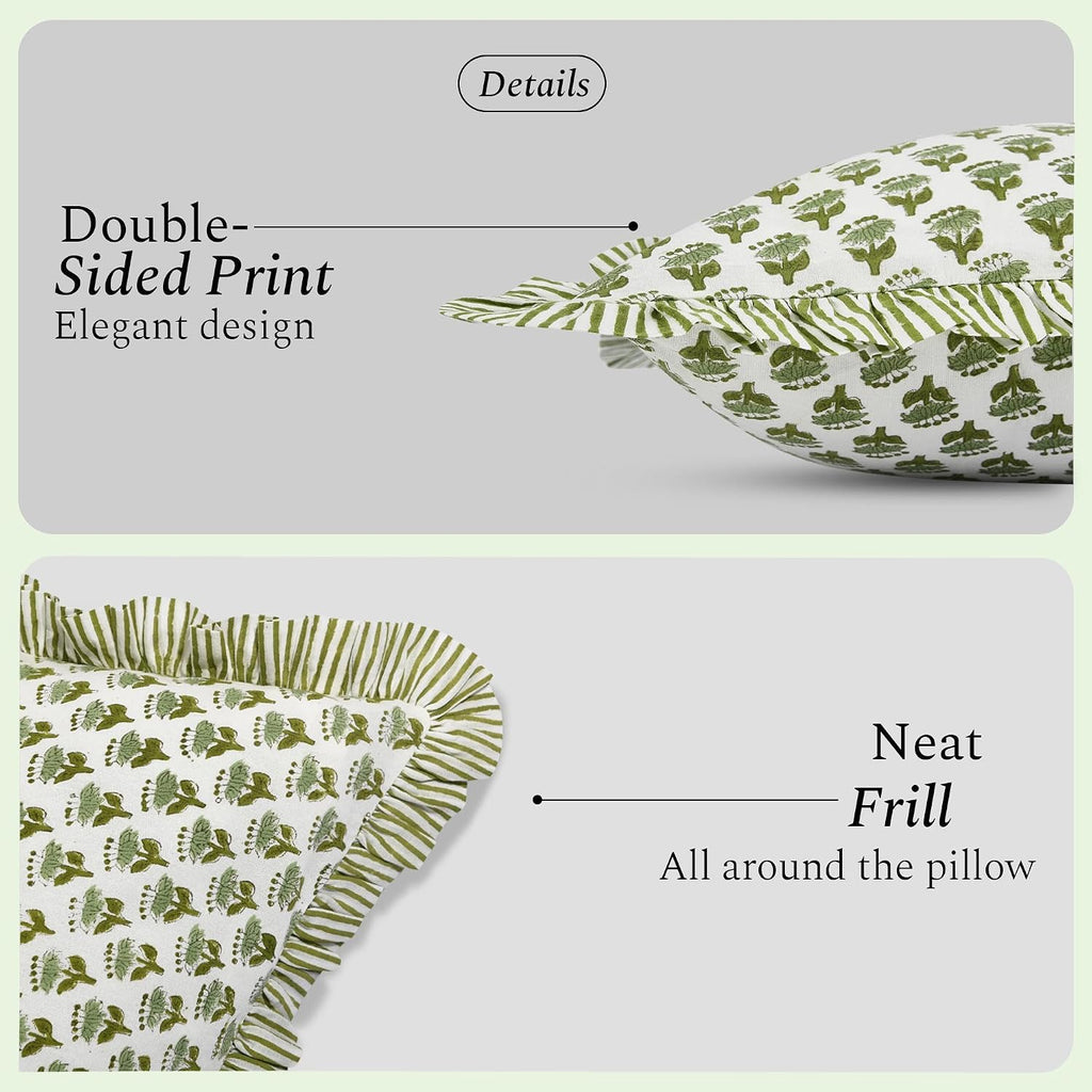 Cottonprintclub CPC Hand Block Print Emerald Green Ruffle Sham Pillow Cover 54" x 20" inch Hidden Zipper Decorative Pillowcase for Couch, B…