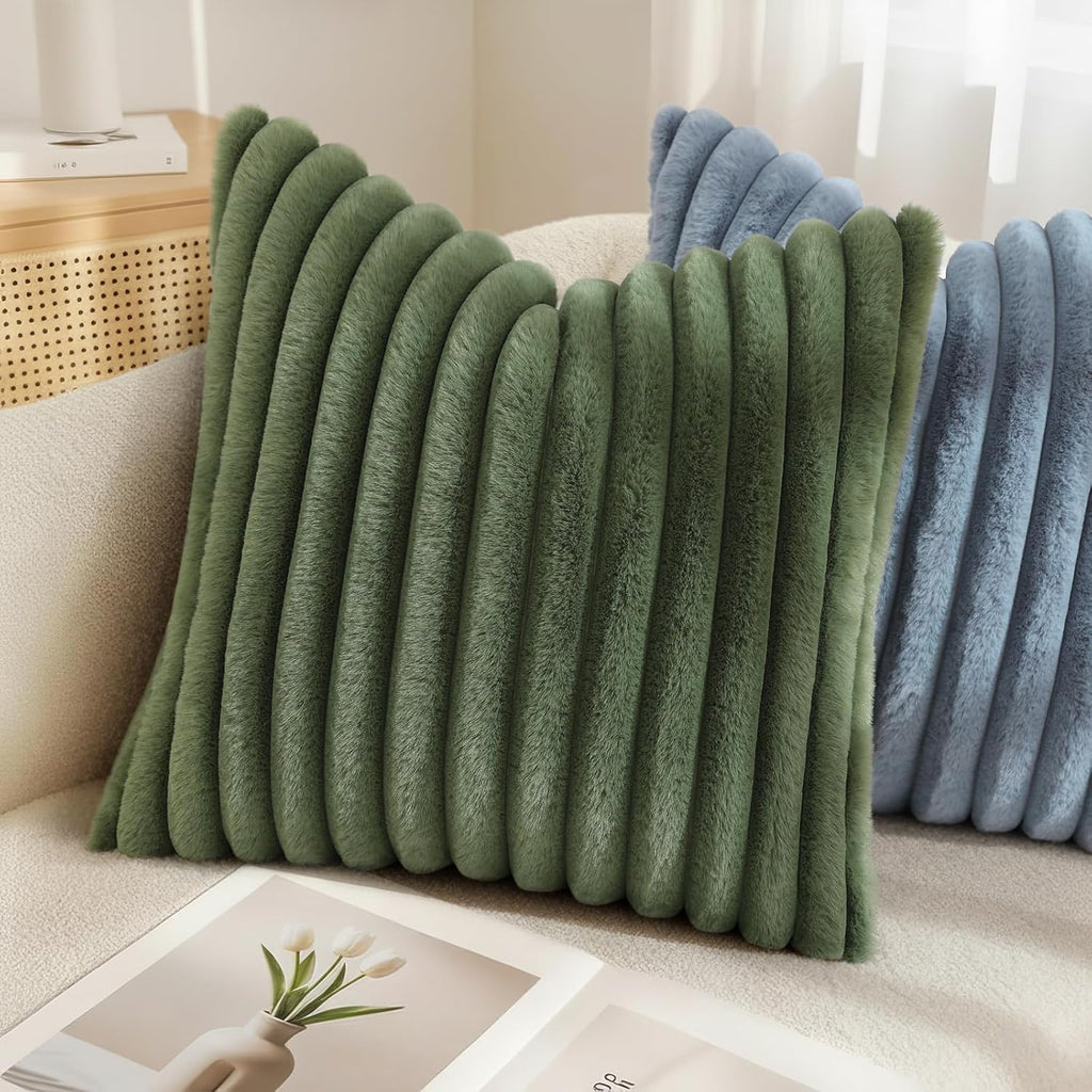 decorUhome Cozy Faux Fur Throw Pillow Covers 26x26 Set of 2 Decorative Soft Plush Striped Modern Farmhouse Boho Couch Euro Sham Pillow Case…