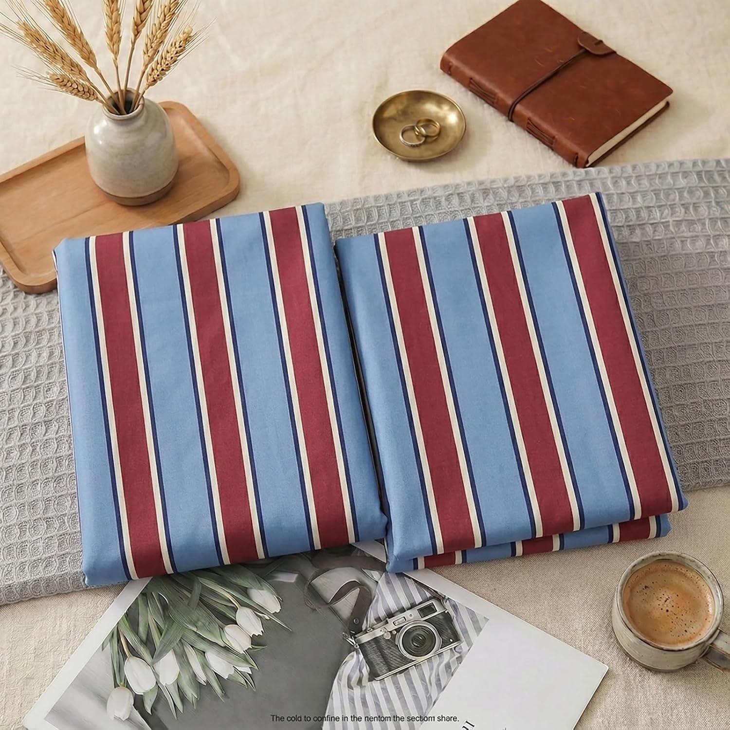Merryword Burgundy and Blue Striped Pillowcases, 100% Cotton Pillow Cases, Standard Size Pillowcases, Luxury Linen Like Pillowcase, Soft Br…