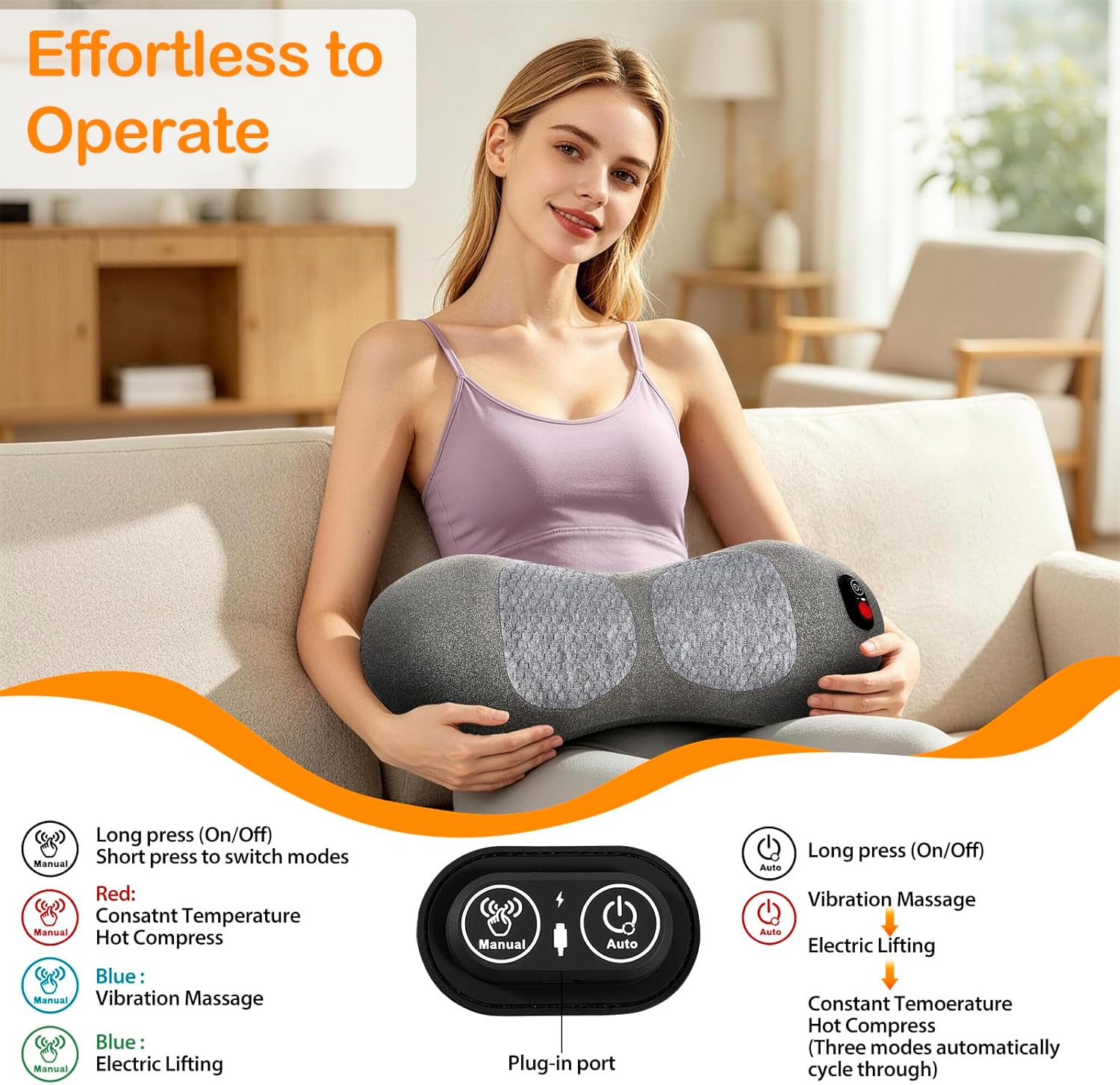 Walfite 2026 Upgraded Smooth Triple 3-in-1 Lumbar Support Pillow – Portable Electric Back Massager with Heat, Vibration & Stretching for Hom…