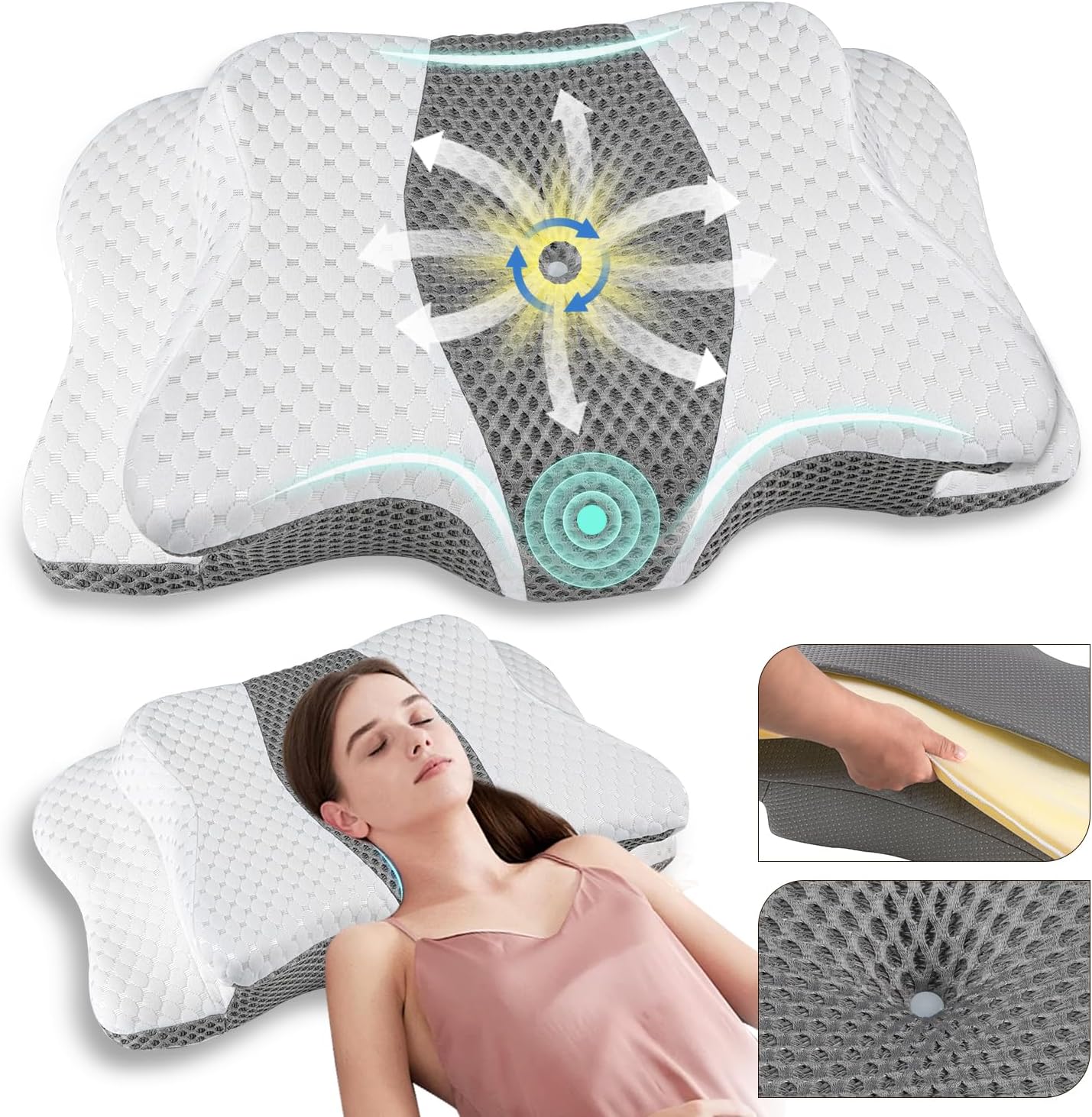 Qiubabyo Cervical Pillow for Neck Support, Adjustable Ergonomic Pillow Cozy Sleeping, Odorless Orthopedic Memory Foam Pillow, Contour Bed P…