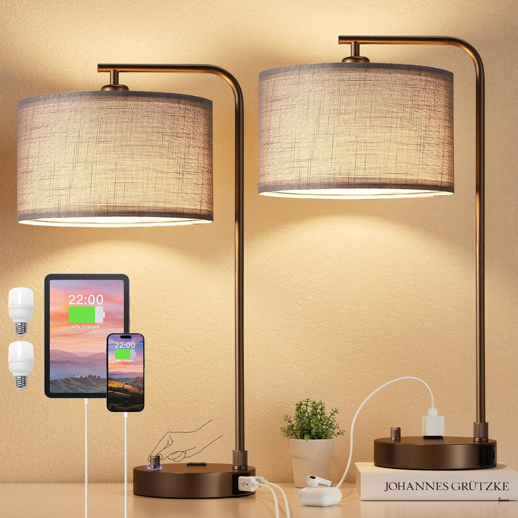 Innqoo Bedside Table Lamps for Bedroom Set of 2-Dimmable Nightstand Lamps with USB Port and Outlet, Modern Brown Lamps with Linen…