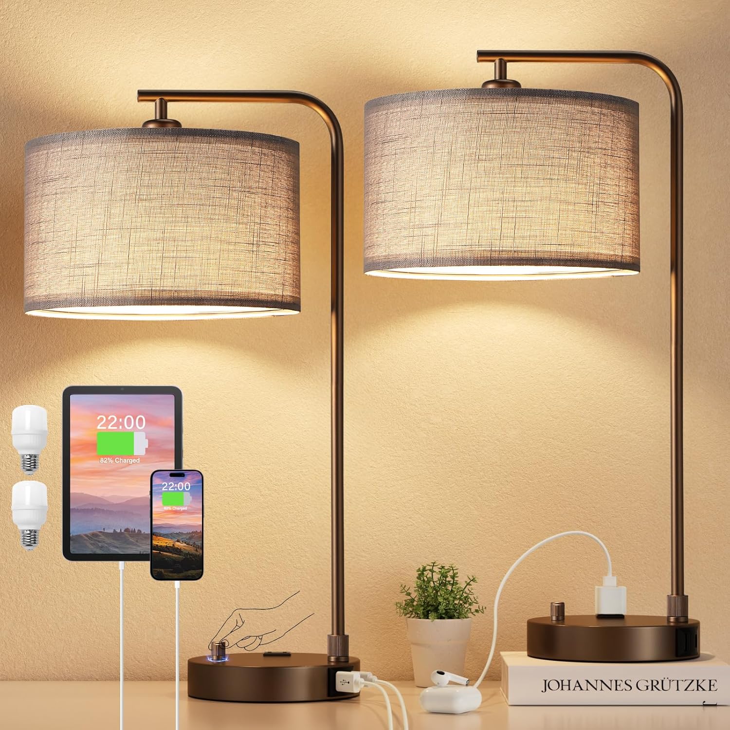 Innqoo Bedside Table Lamps for Bedroom Set of 2-Dimmable Nightstand Lamps with USB Port and Outlet, Modern Brown Lamps with Linen…