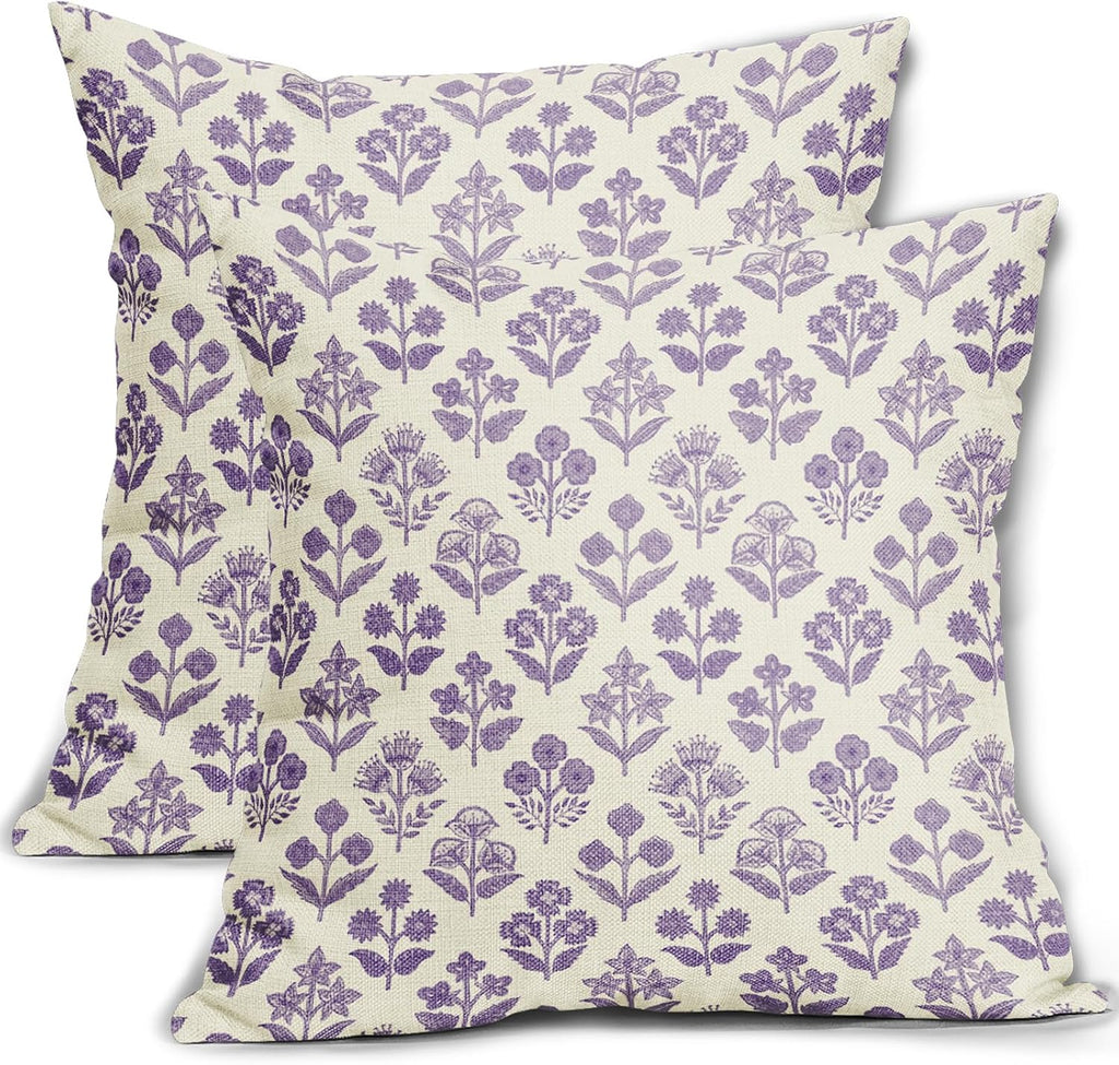 Purple Floral Pillow Covers 24x24 Inch Set of 2, Vintage Flower Block Decorative Throw Pillowcases Outdoor Farmhouse Cushion Covers…