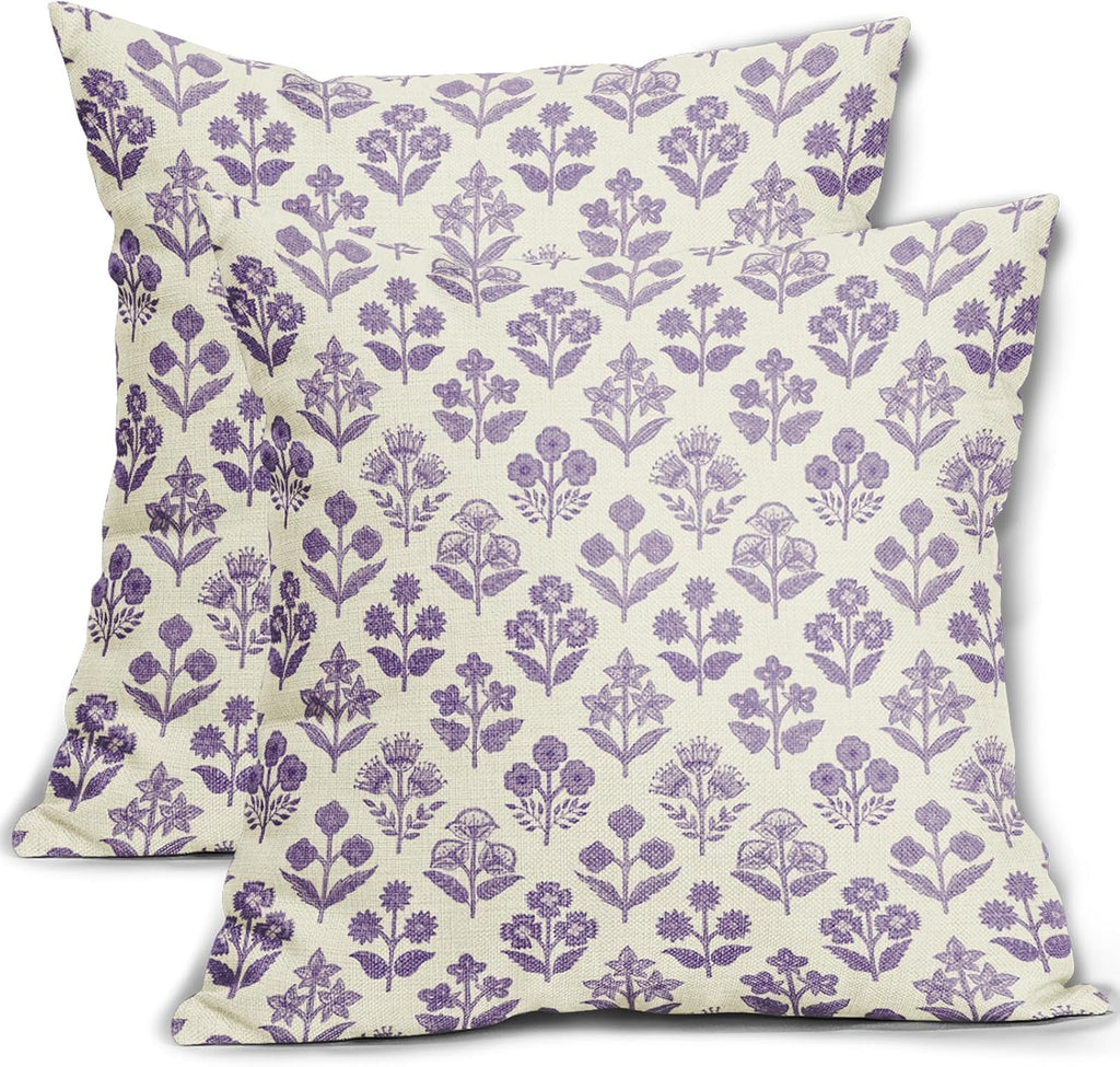 Purple Floral Pillow Covers 22x22 Inch Set of 2, Vintage Flower Block Decorative Throw Pillowcases Outdoor Farmhouse Cushion Covers…