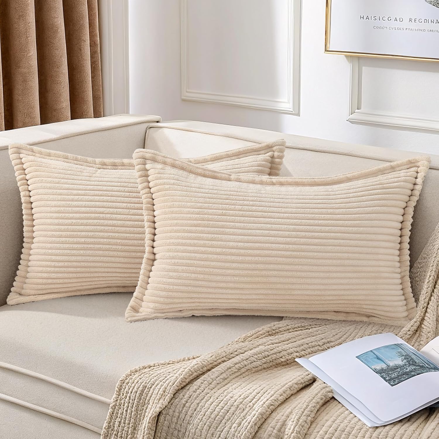 Mecatny Corduroy Summer Throw Pillow Covers 12x20 Set of 2, Neutral Decorative Soft Boho Lumbar Couch Pillow Covers with Broadside for…
