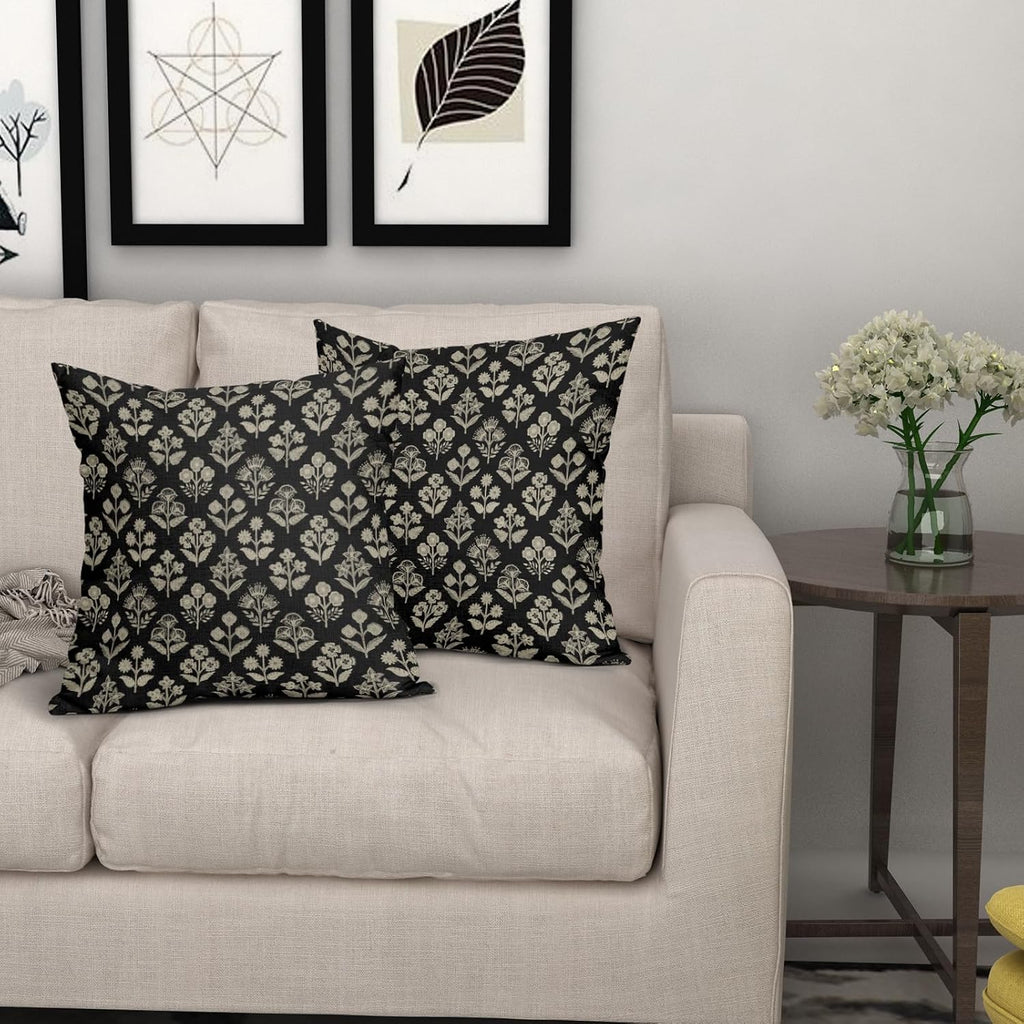 Black Floral Pillow Covers 22x22 Inch Set of 2, Vintage Flower Block Print Decorative Throw Pillowcases Outdoor Farmhouse Cushion Covers…