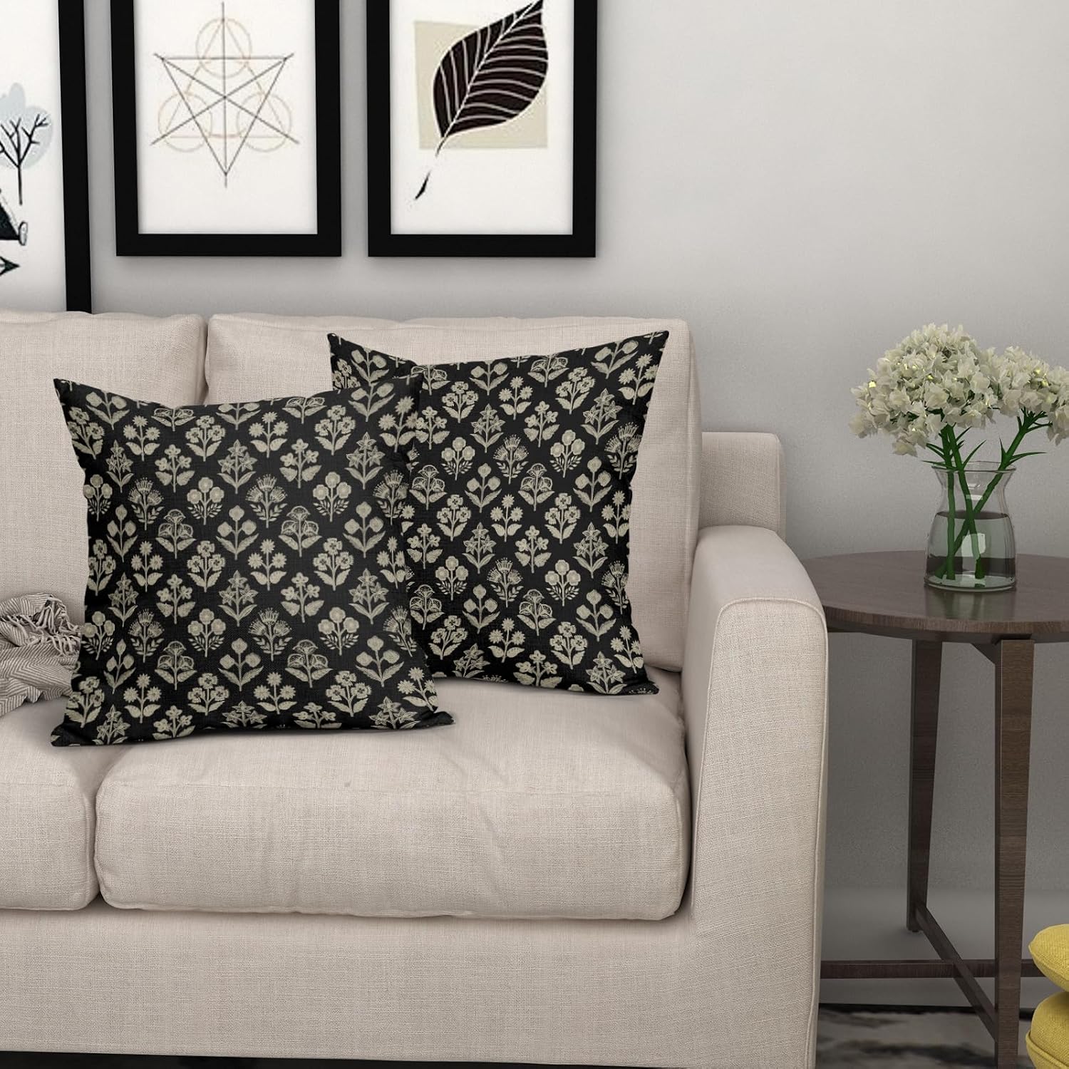 Black Floral Pillow Covers 24x24 Inch Set of 2, Vintage Flower Block Print Decorative Throw Pillowcases Outdoor Farmhouse Cushion Covers…
