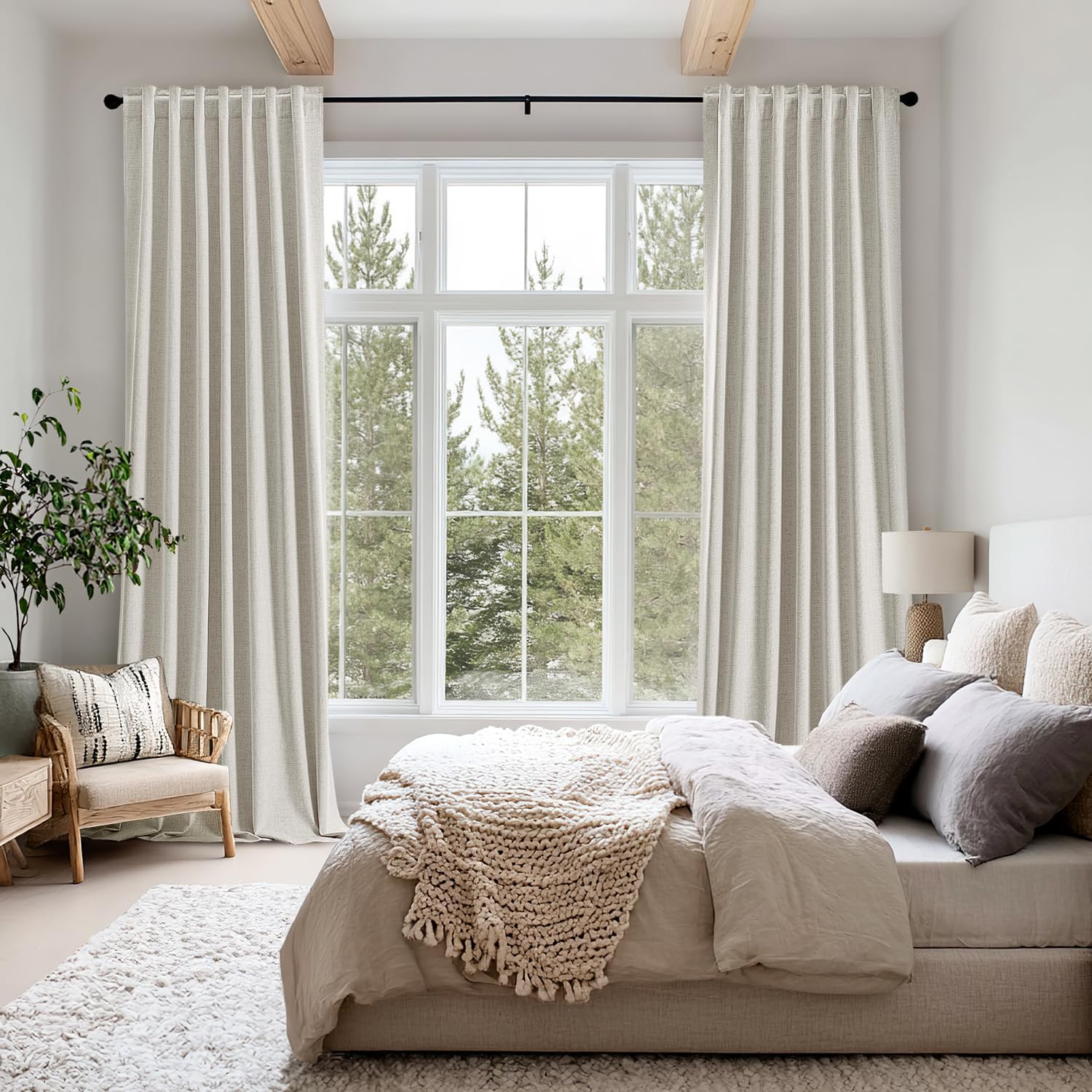Miulee 100% Blackout Linen Curtains for Bedroom, Light Cream Solid Luxury Decor Thermal Insulation Room Darkening Drapes for Living Room Nu…