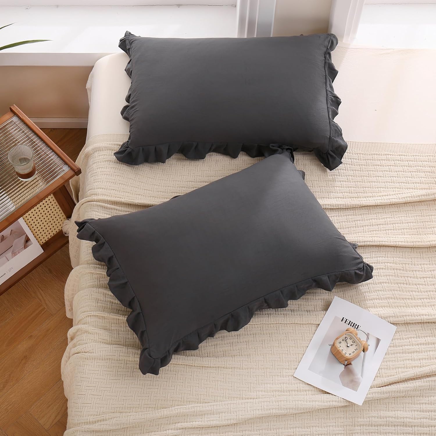 Merryword Dark Gray Pillow Shams Reversible Pillowcases Cute Pillow Cover Set of 2 Soft Shabby Chic Ruffled Pillowcases 2 Pack (Queen (20''…
