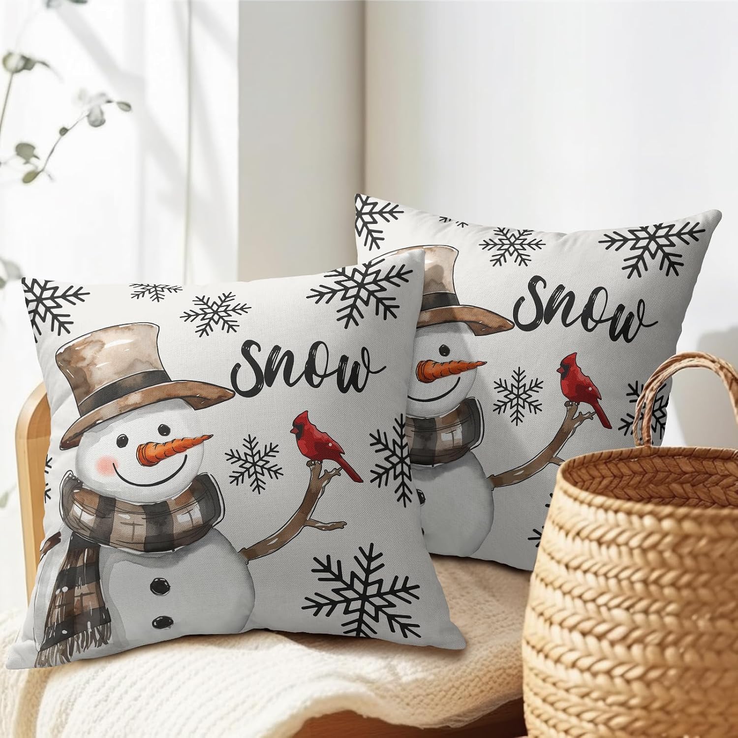 Snowman Throw Pillow Cover Christmas Pillowcase 18x18 Inch Set of 2 Snowflake and Red Cardinal Bird Decorative Cushion Cover Winter…