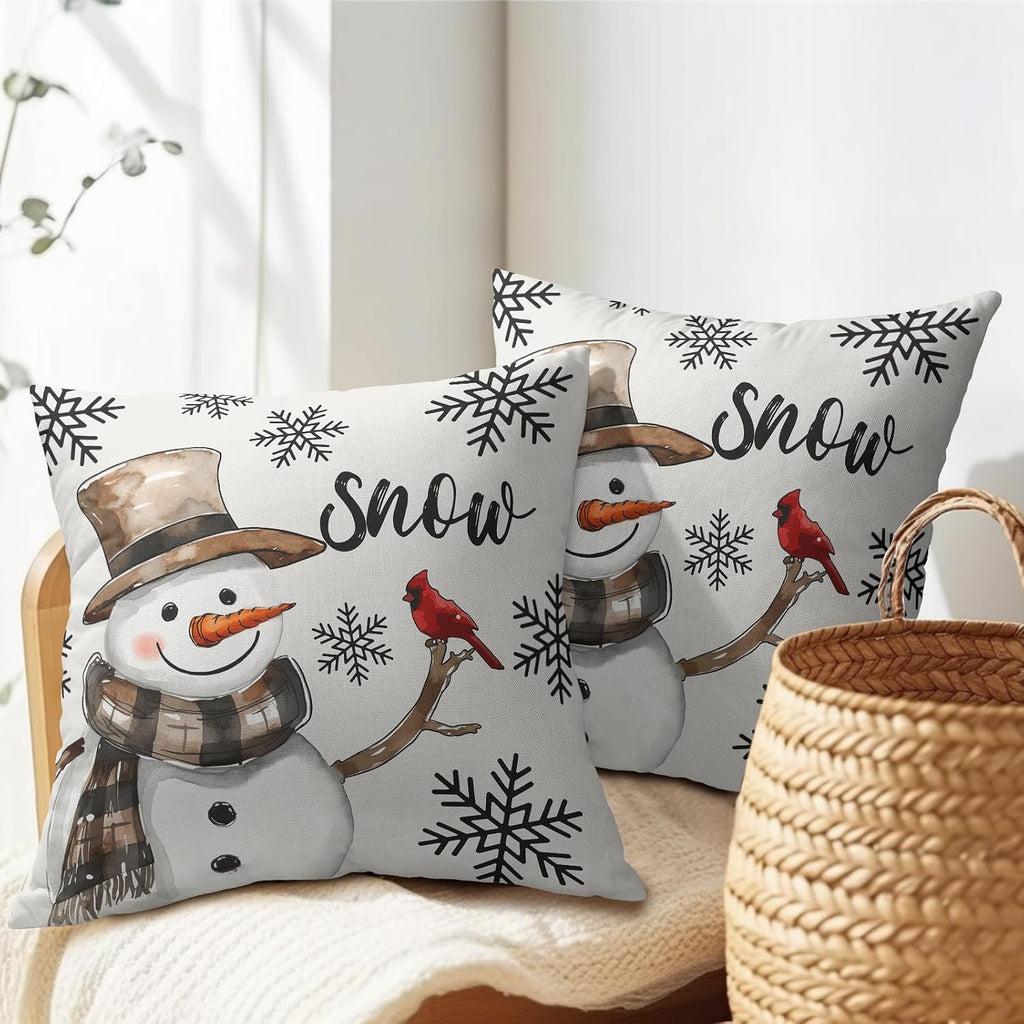Snowman Throw Pillow Cover Christmas Pillowcase 20x20 Inch Set of 2 Snowflake and Red Cardinal Bird Decorative Cushion Cover Winter…