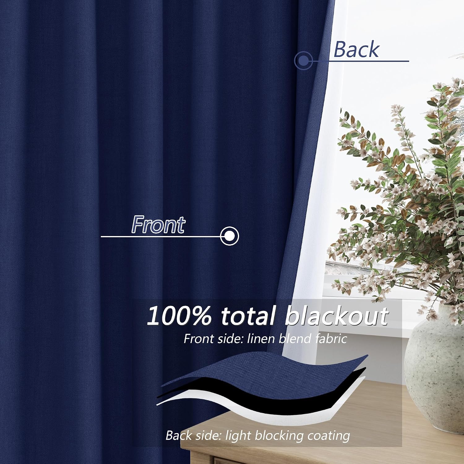 Guken Classic Blue 100% Blackout Linen Curtains 90 Inch Length 2 Panels Set for Living Room Bedroom Back Tab Rod Pocket Thermal Insulated B…