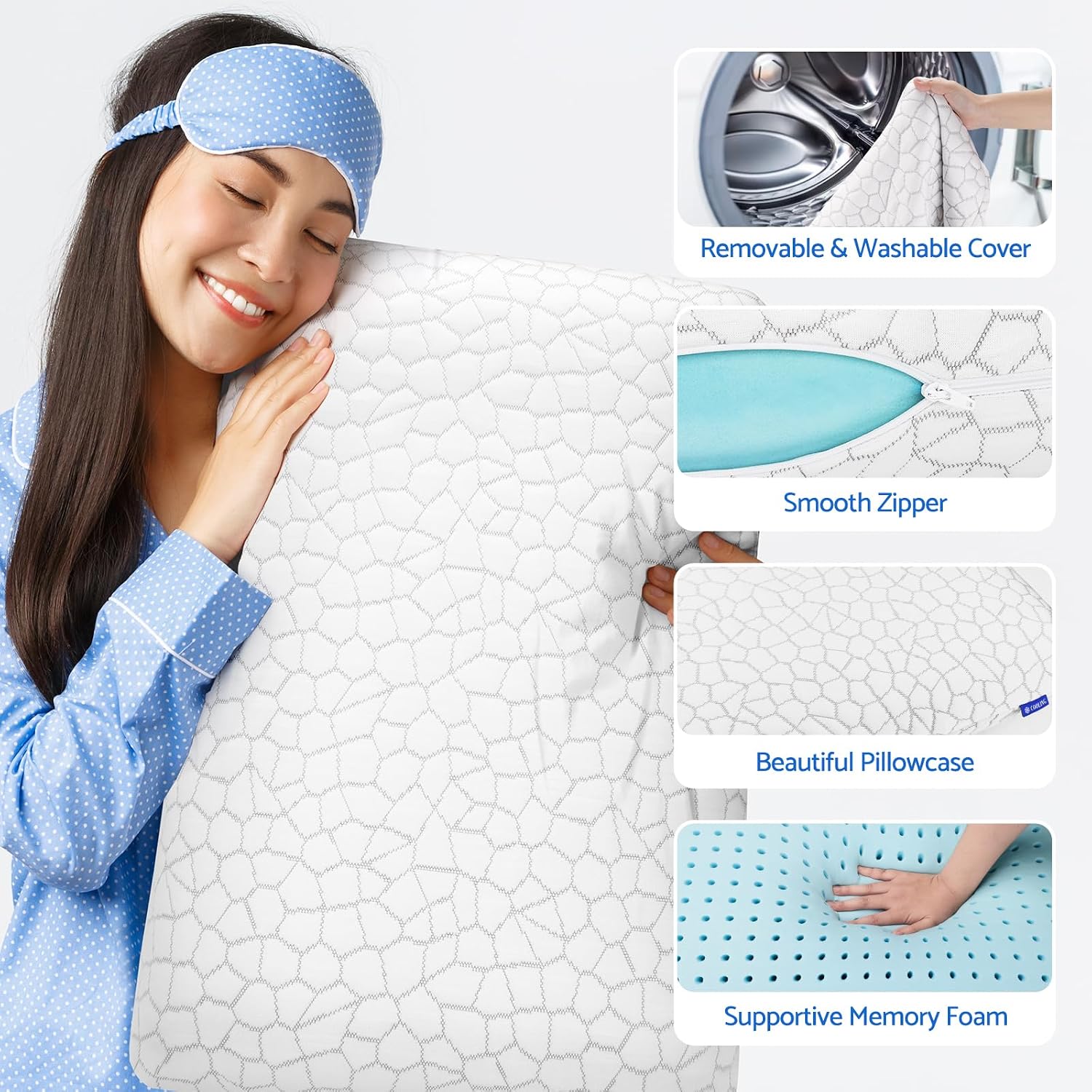 CushZone Memory Foam Pillows for Sleeping, Bed Pillow with Removable and Machine Washable Cover, Bed Pillow for Side, Back and Stomach Slee…
