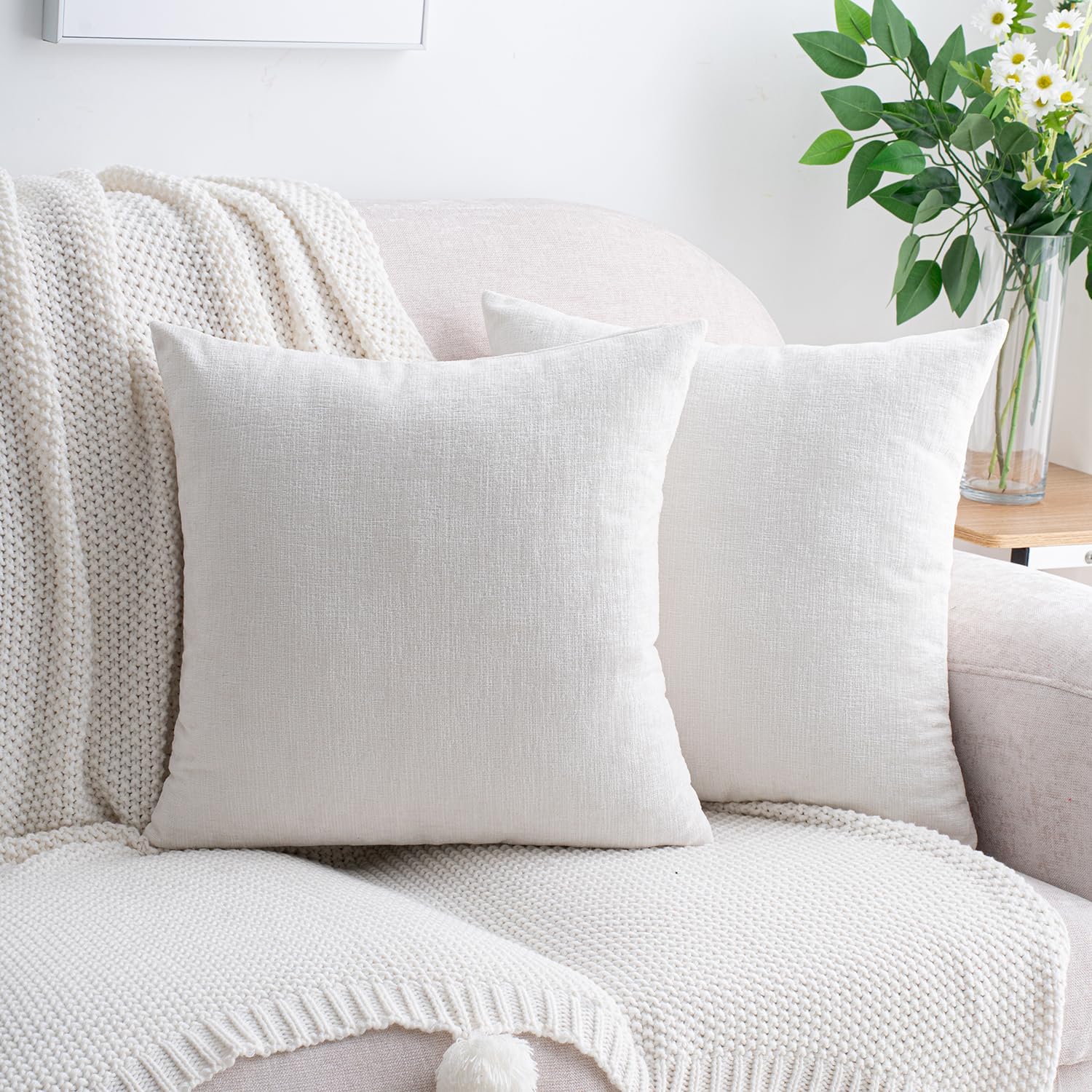 Hwy50 HWY 50 Cream White Couch Pillow Covers 20x20 Inch Pack of 2, Soft Chenille Decorative Throw Pillow Cases Farmhouse for Sofa Living Ro…