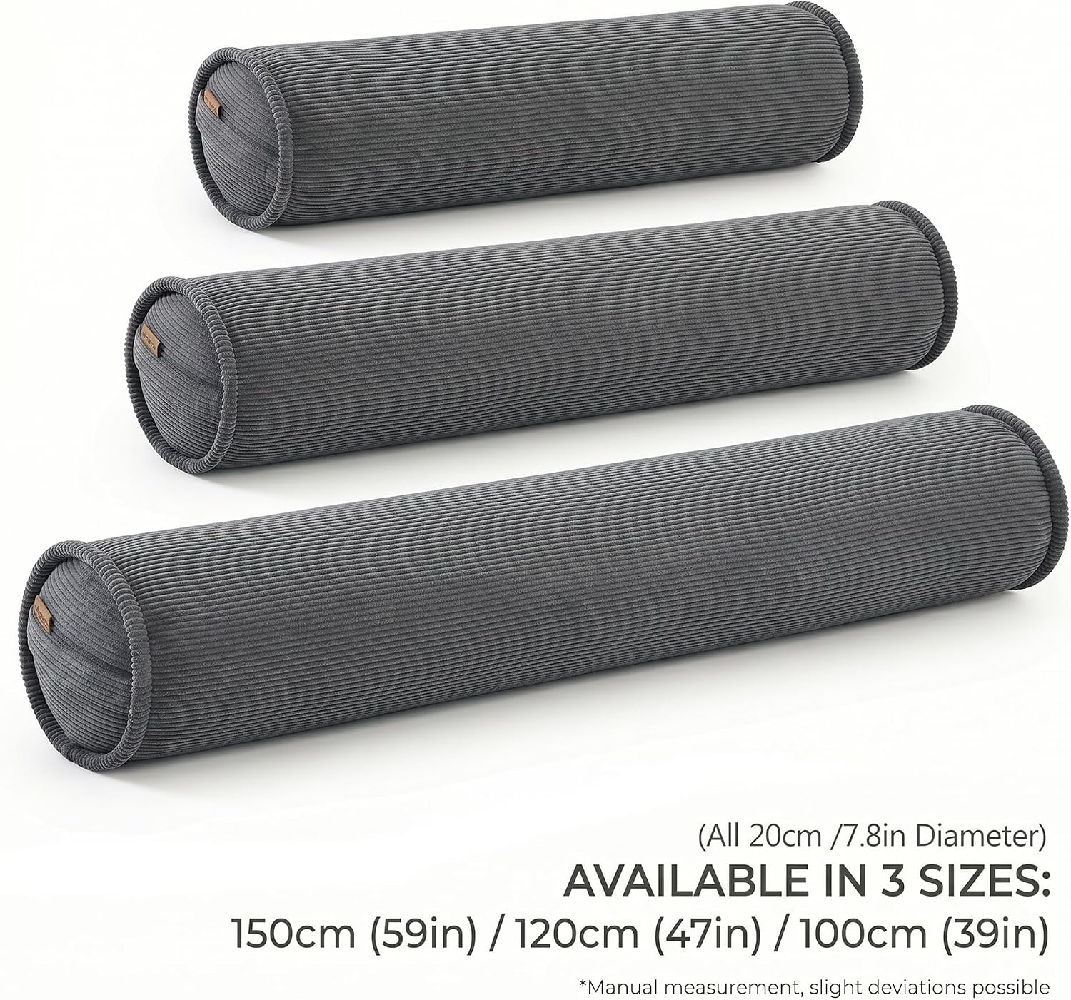 Corduroy Full Body Cylinder Pillow for Adults, Cozy Bolster Pillow for Bed & Sofa, Soft Support Hugging Pillow, 59 x 7.87 Inches, Dark Grey