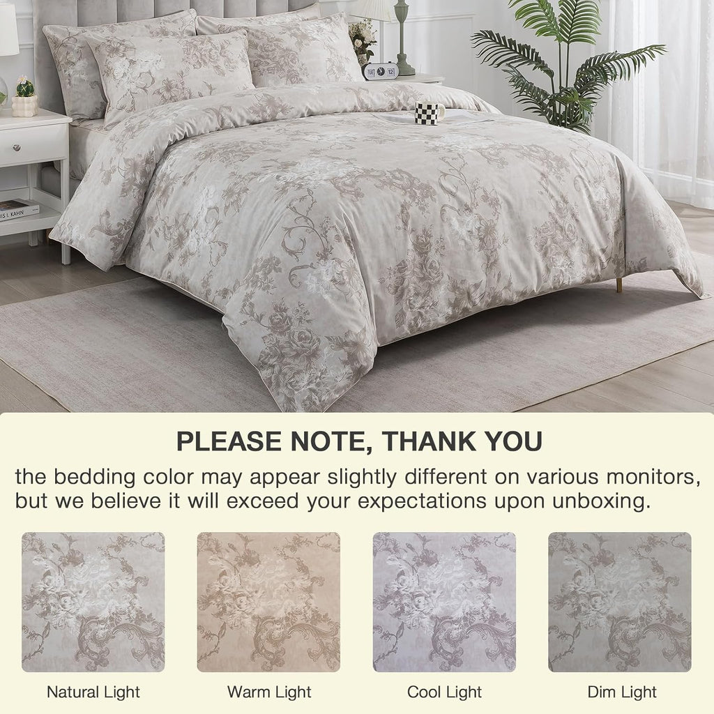 Puralens Vintage Floral Greige Percale Duvet Cover Set, King 100% Cotton Cottage Zipper Comforter Cover, Crisp Neutral Toile Bed Cover Set…