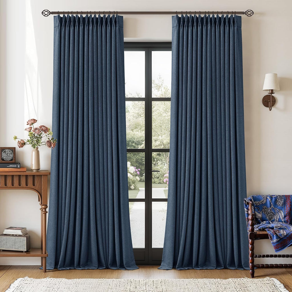 Twodrapes Navy Blue 108 Inch Pinch Pleated Blackout Linen Curtains for Bedroom 2 Panels Memory Trained 100% Black Out Soundproof Room Darke…