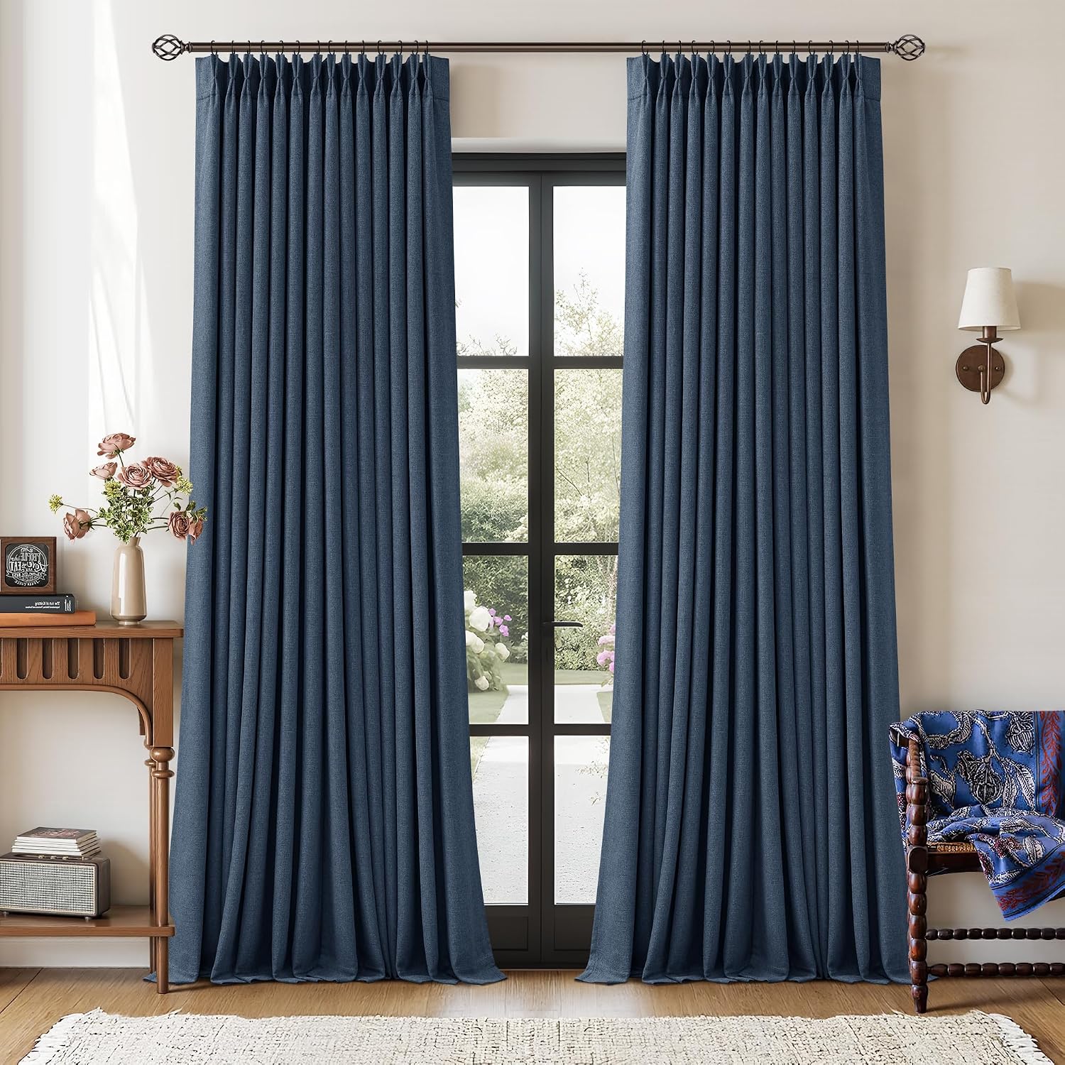Twodrapes Navy Blue 108 Inch Pinch Pleated Blackout Linen Curtains for Bedroom 2 Panels Memory Trained 100% Black Out Soundproof Room Darke…
