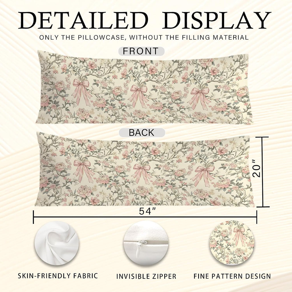 Coquette Chinoiserie Pink Floral Bow Body Pillow Covers 20x54, Grandmillennial Home Decor, Girly Aesthetic Pink Flower Long Body Pillow…