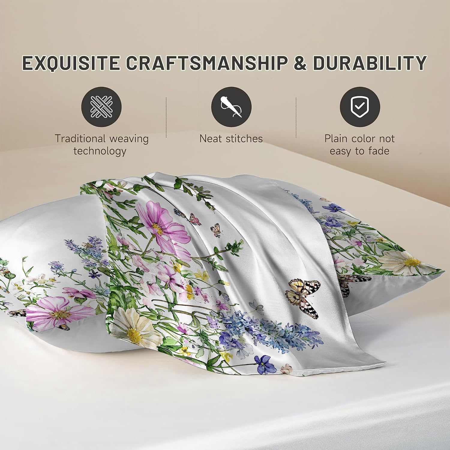 Satin Pillowcase for Hair and Skin Watercolor Wildflowers Butterfly Super Soft and Cooling Similar to Silk Pillow Case 1 Pack with Hidden…